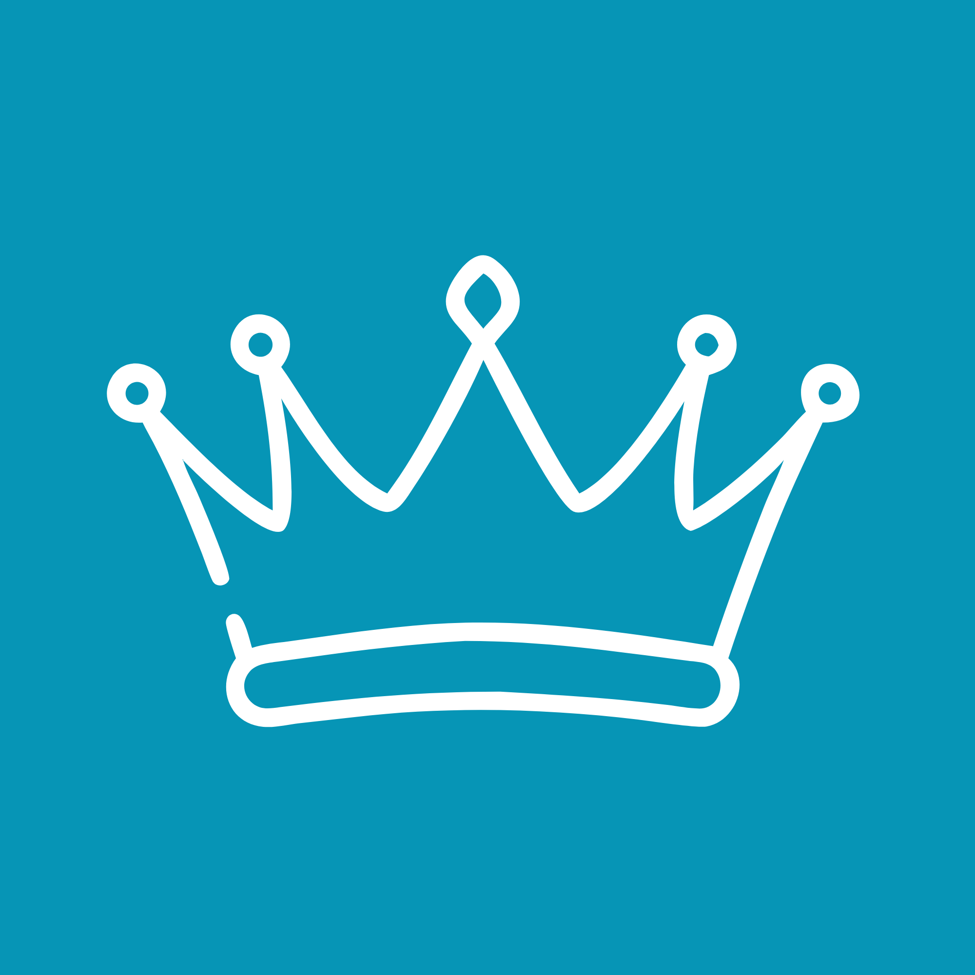 White outline drawing of a crown on a coral background.