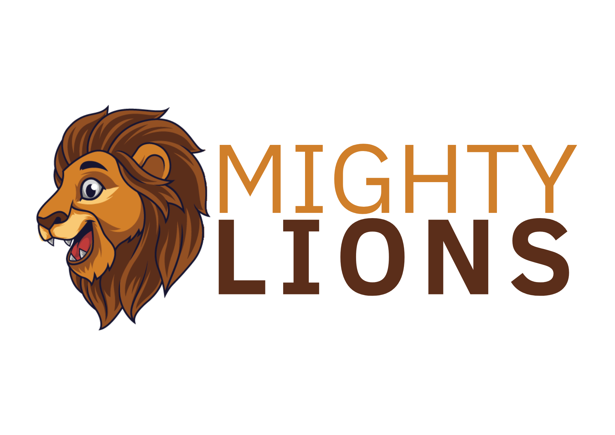 Logo featuring a cartoon lion's head with a mane and open mouth, accompanied by the text 'MIGHTY LIONS' in uppercase, with 'MIGHTY' in orange and 'LIONS' in brown.