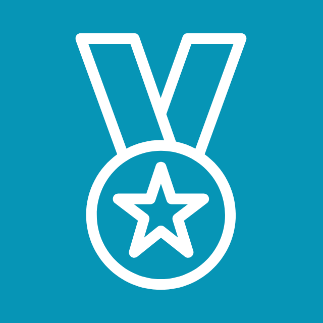 Illustration of a medal with a star in the center and a ribbon above it on a blue background.