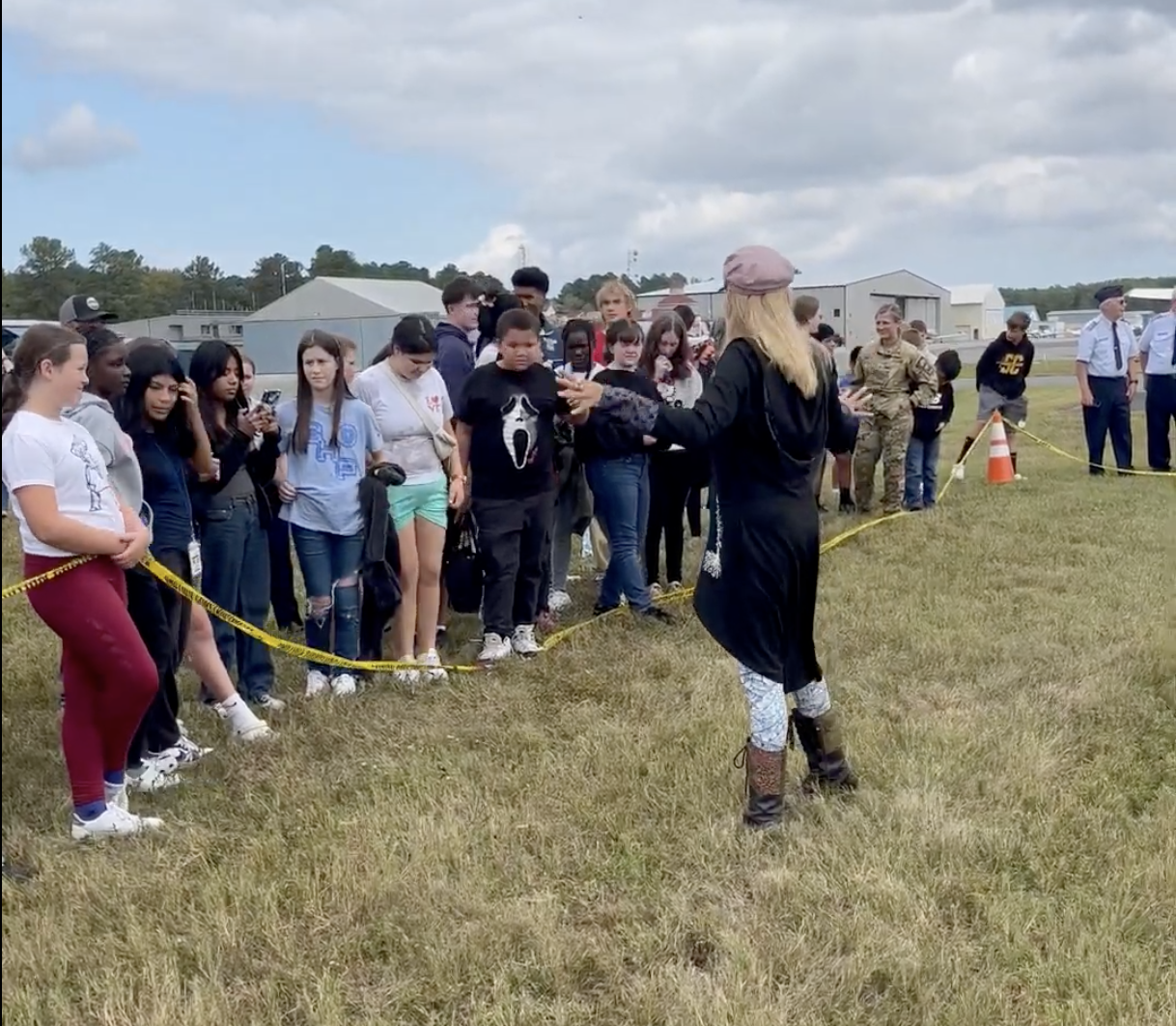 Heather Chirtea, the nation's first female flying car pilot gives a keynote to nearly 200 students at the Wings & Wheels fly-in.