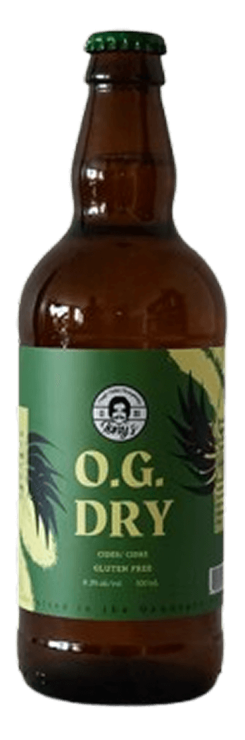 Brown glass bottle with a green Tony's Cider label reading "O.G. Dry" and featuring orchard leaf graphics.
