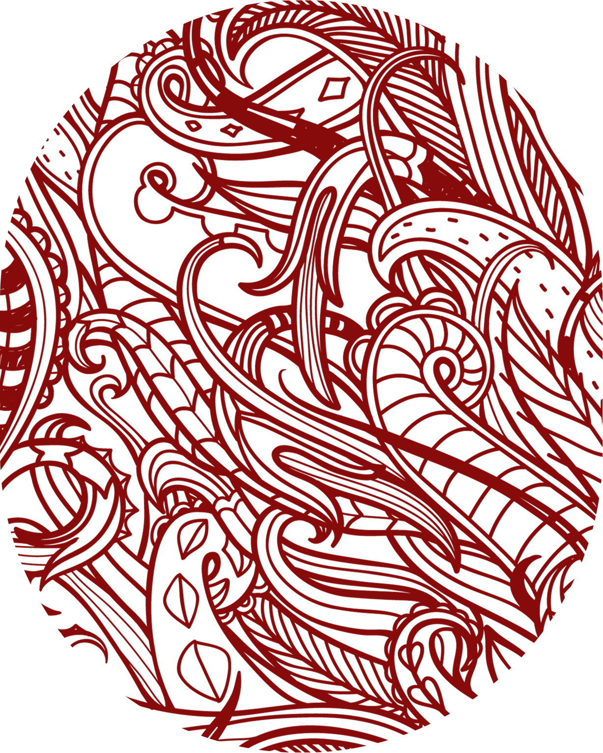 A black background with intricate, swirling red abstract patterns and designs.