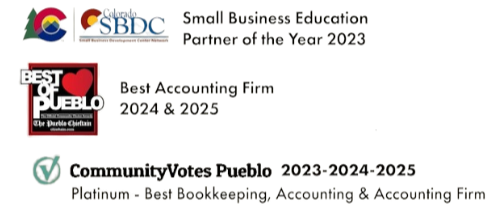 Awards and recognitions for small business and accounting firms, including Small Business Partner of the Year 2023, Best Accounting Firm 2024-2025, and Community Votes Pueblo 2023-2025.