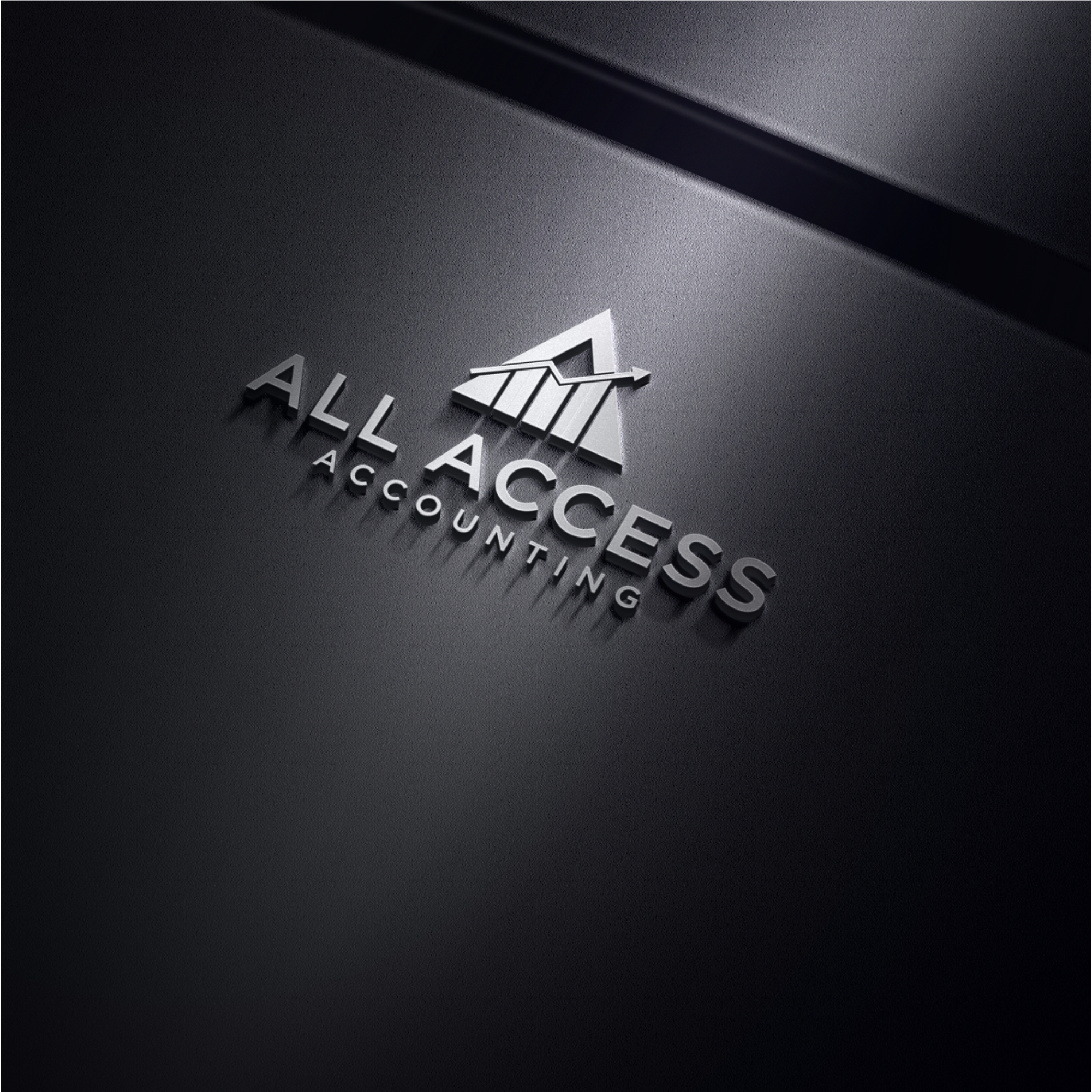 3D metallic logo of 'ALL ACCESS ACCOUNTING' with a stylized arrow and bar chart design on a dark textured background.