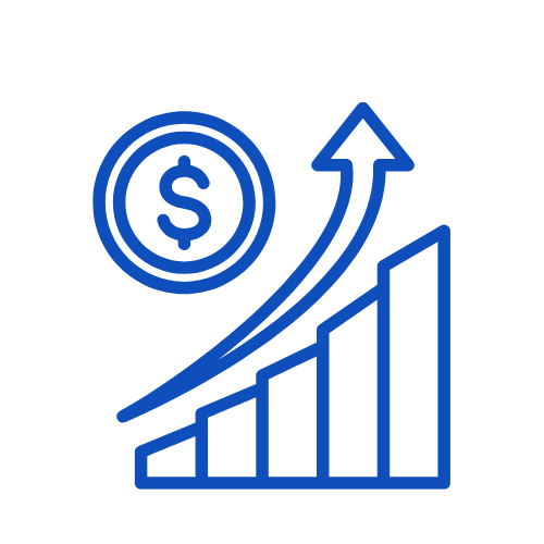 Blue line graph with increasing trend and dollar sign icon indicating financial growth or profit