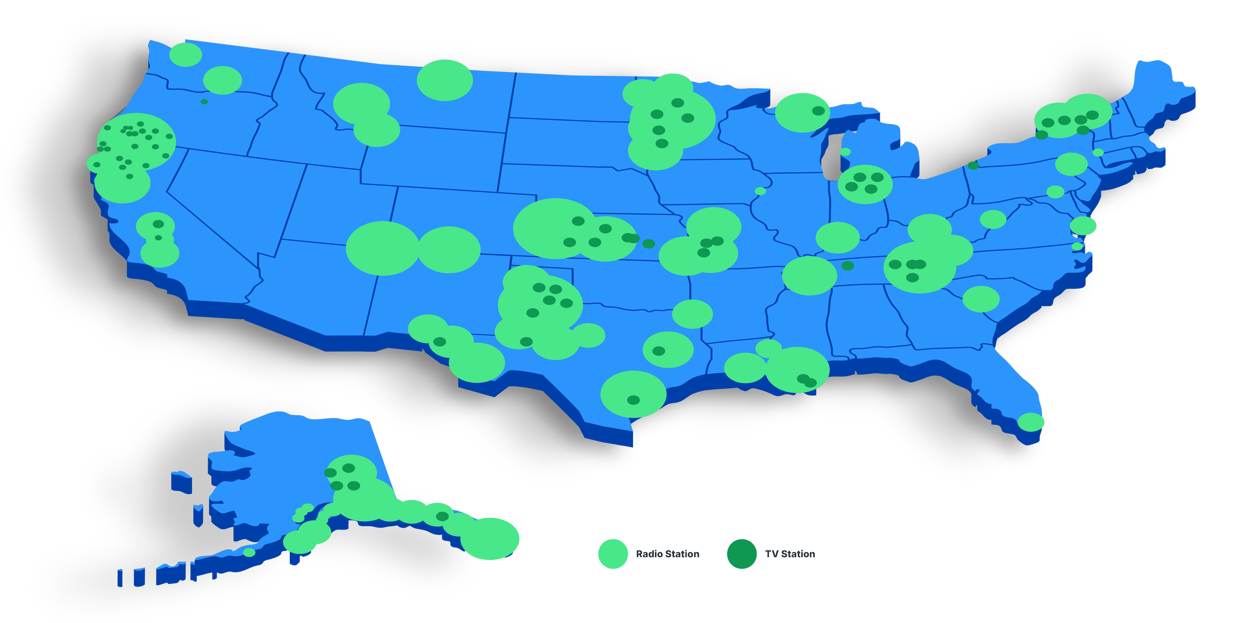 Map of the United States and Alaska showing locations of radio and TV stations. Green circles indicate radio stations, larger circles represent more stations in that area. Darker green circles indicate TV stations. Alaska is shown with a few stations. The map includes state boundaries, with key for radio and TV stations.