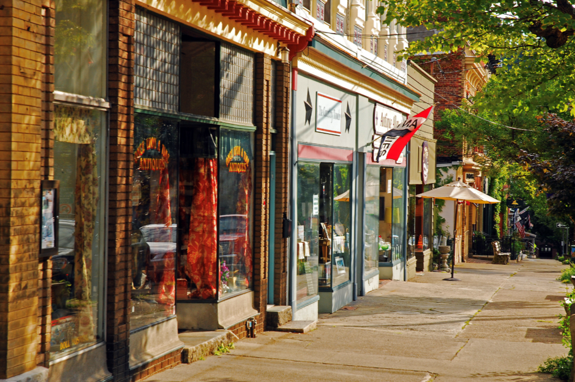 A row of storefronts in a central business district in a small town