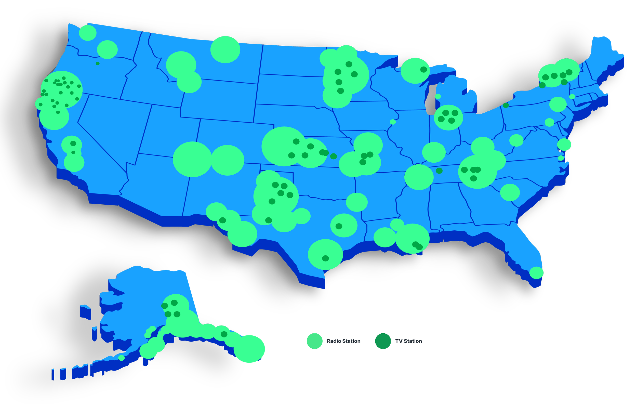 United States map showing locations of radio and TV stations, marked with green circles of varying size indicating station density, with a legend distinguishing radio stations from TV stations.