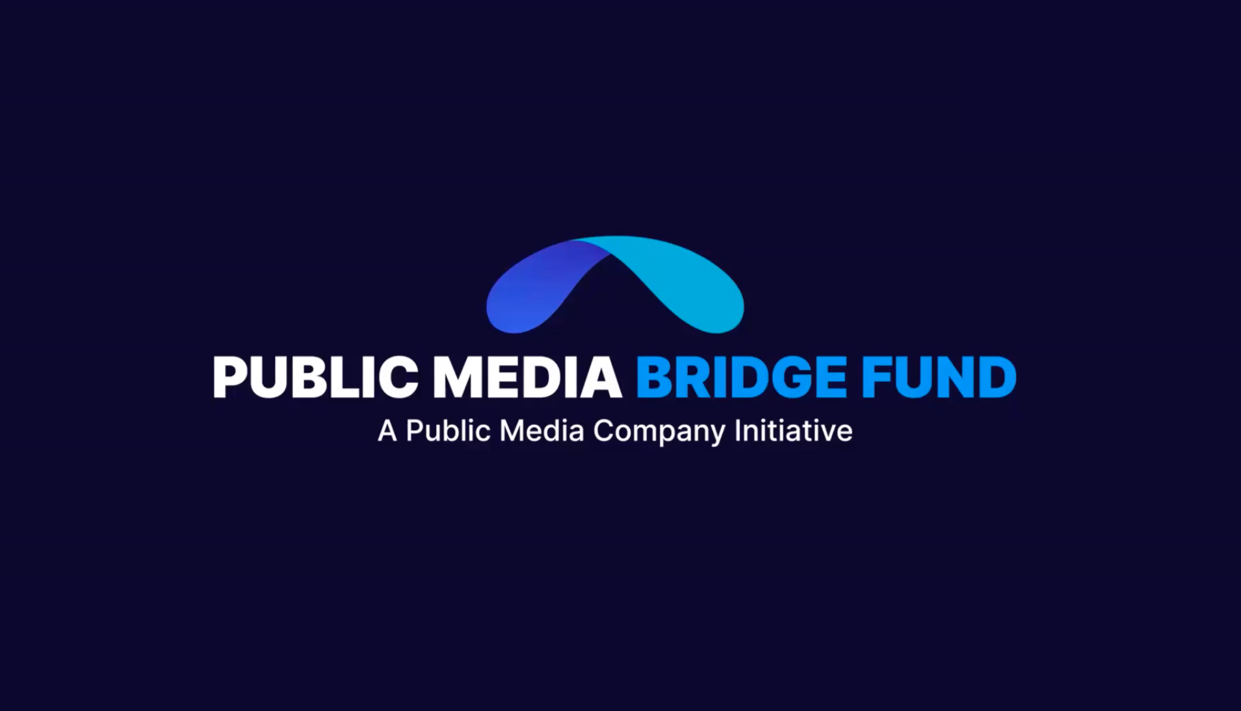 Logo for Public Media Bridge Fund, a Public Media Company initiative, with a dark blue background and a stylized blue and purple bridge icon above the text.