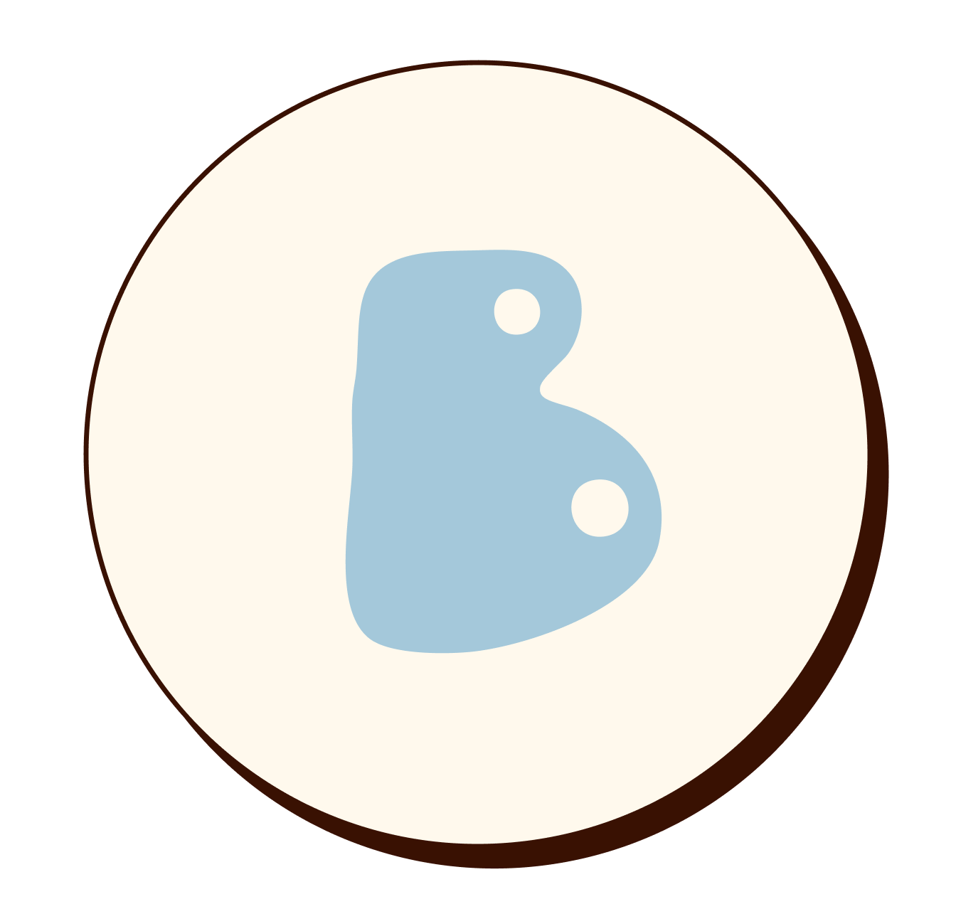 Image of a blue tic-tac-toe piece inside a circular logo with a cream background and brown border.