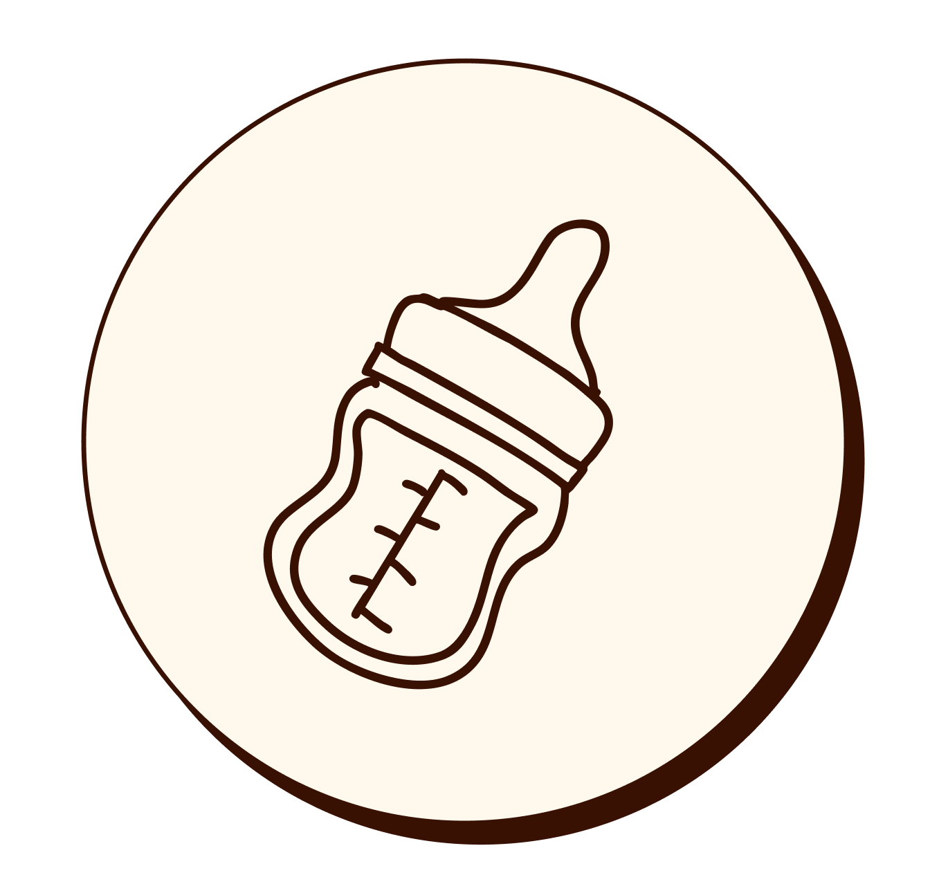 Simple illustration of a baby bottle with measurement markings inside a circular background.