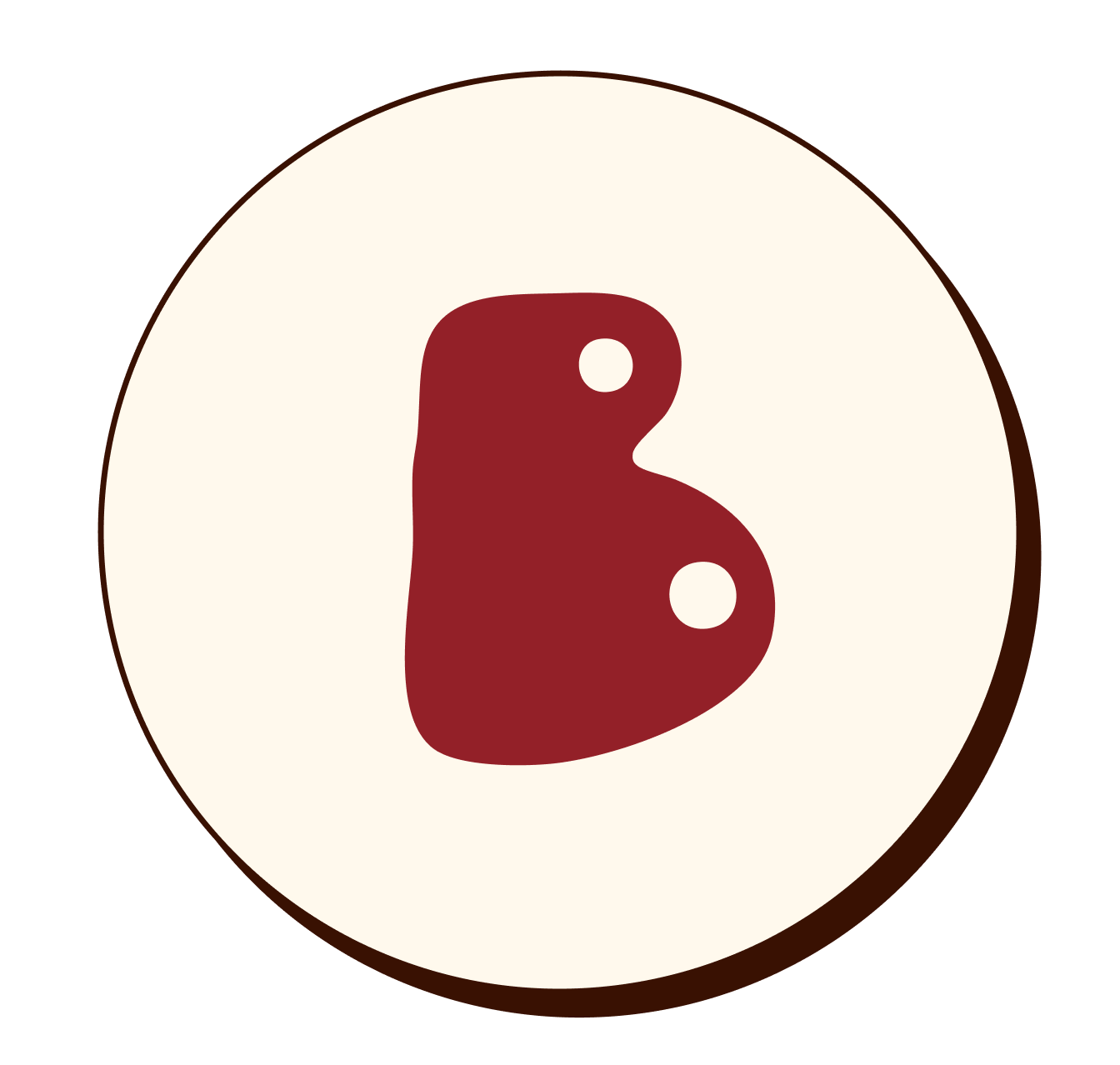 A round icon with a beige background, featuring a red, irregularly shaped button with two holes.