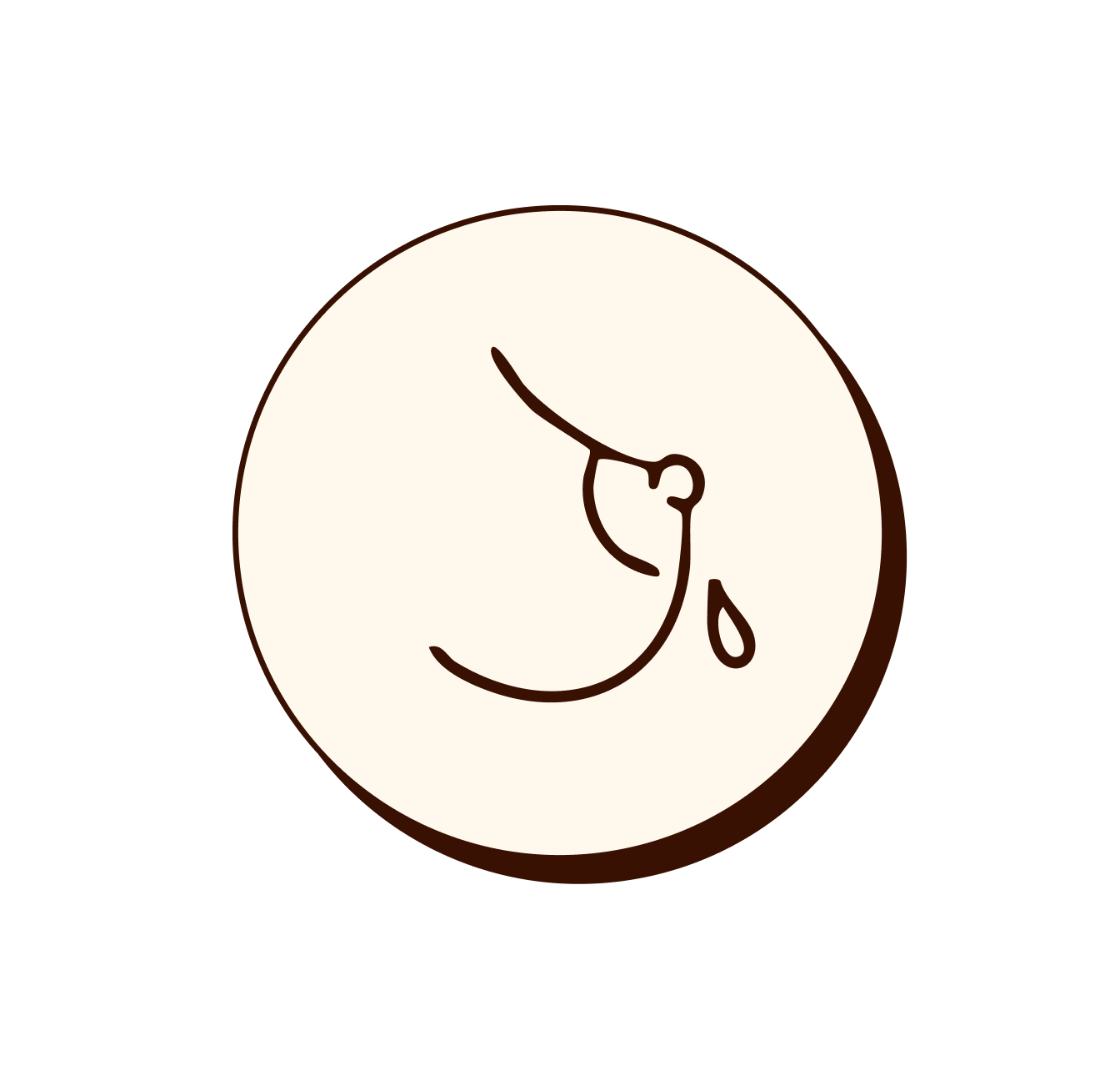 Outline of a pregnant woman's belly with a single drop of liquid falling from her nipple, inside a circular background.