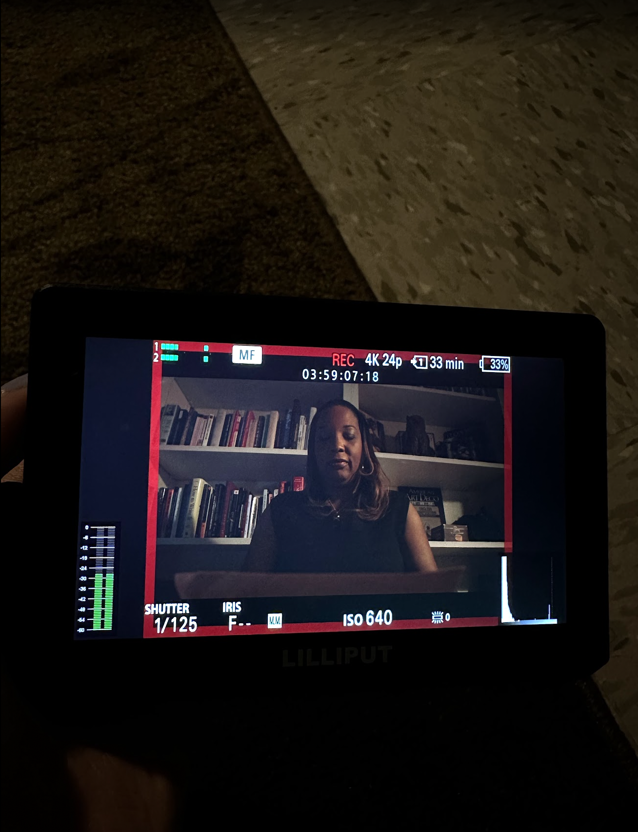 Video camera screen showing a woman with long hair sitting in front of a bookshelf filled with books. The screen displays recording settings including 4K resolution at 24 fps, ISO 640, and a recording time of 33 minutes.