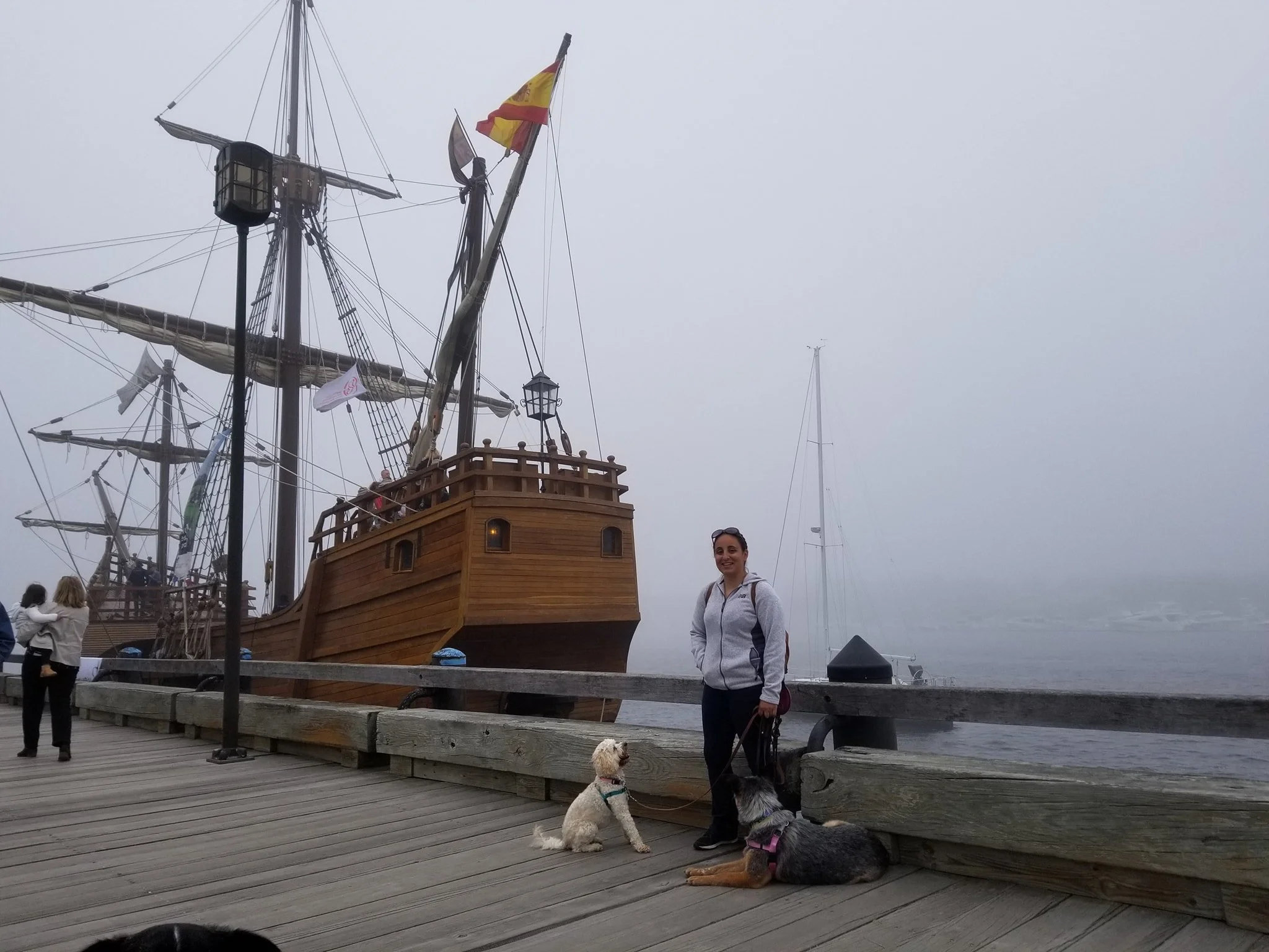 A woman standing on a wooden dock holding two dogs, with two large wooden ships and a sailboat in the foggy background.