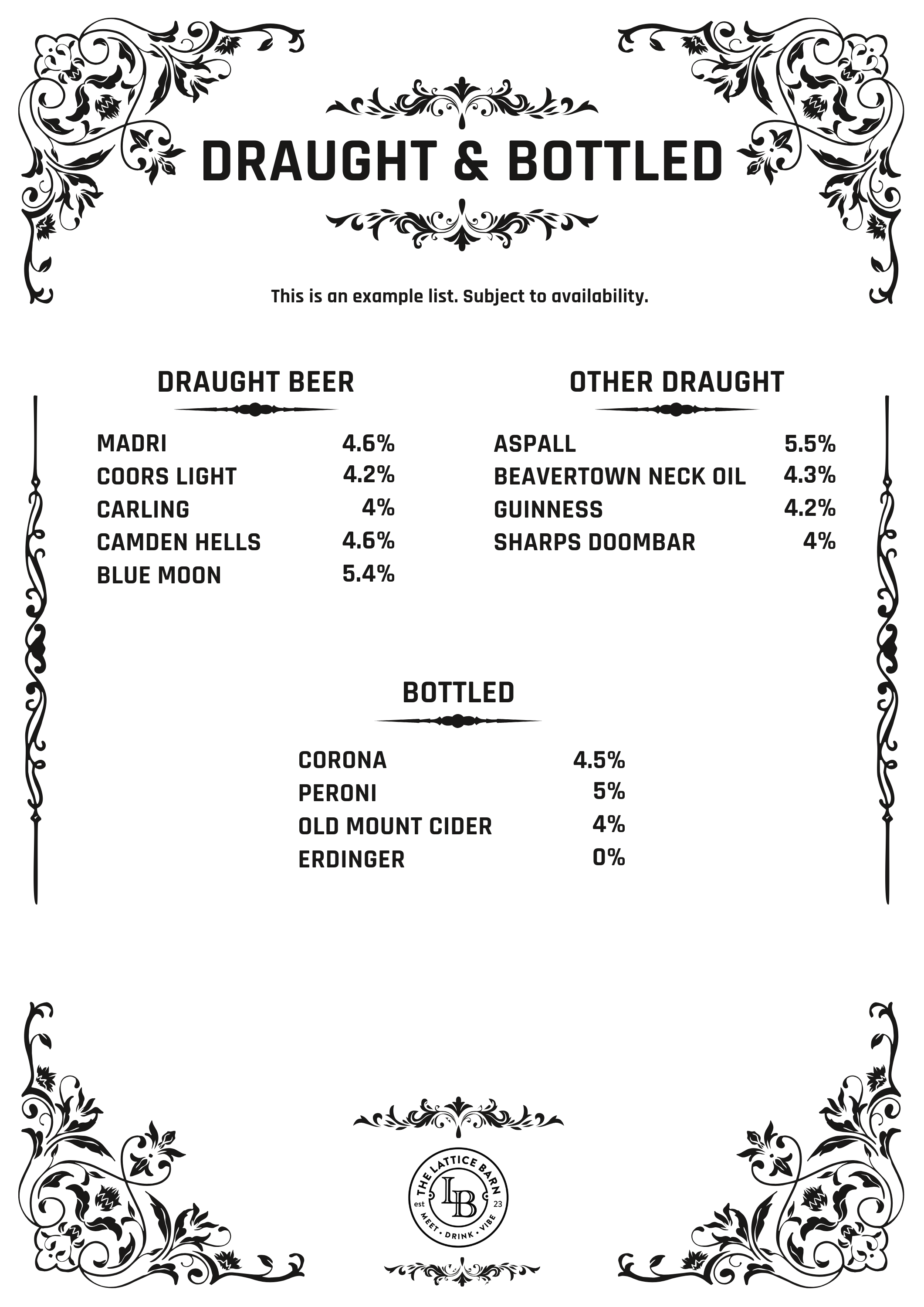Menu for draught and bottled beers with decorative black floral borders and a circular logo at the bottom reading 'The Lattice Bar, Drink, Meet'.