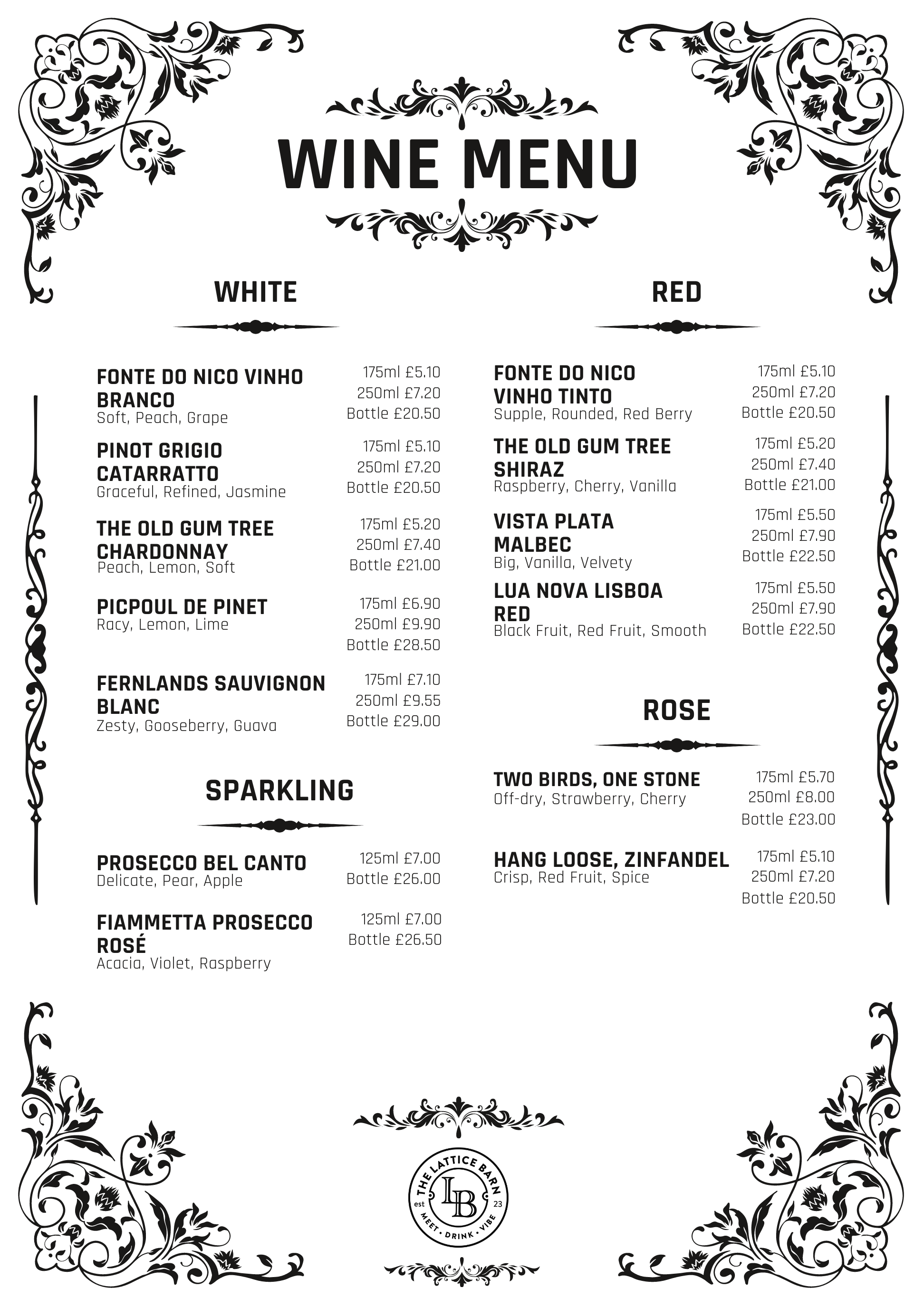 A black and white wine menu with decorative floral borders, listing different types of white, red, and sparkling wines with their prices.