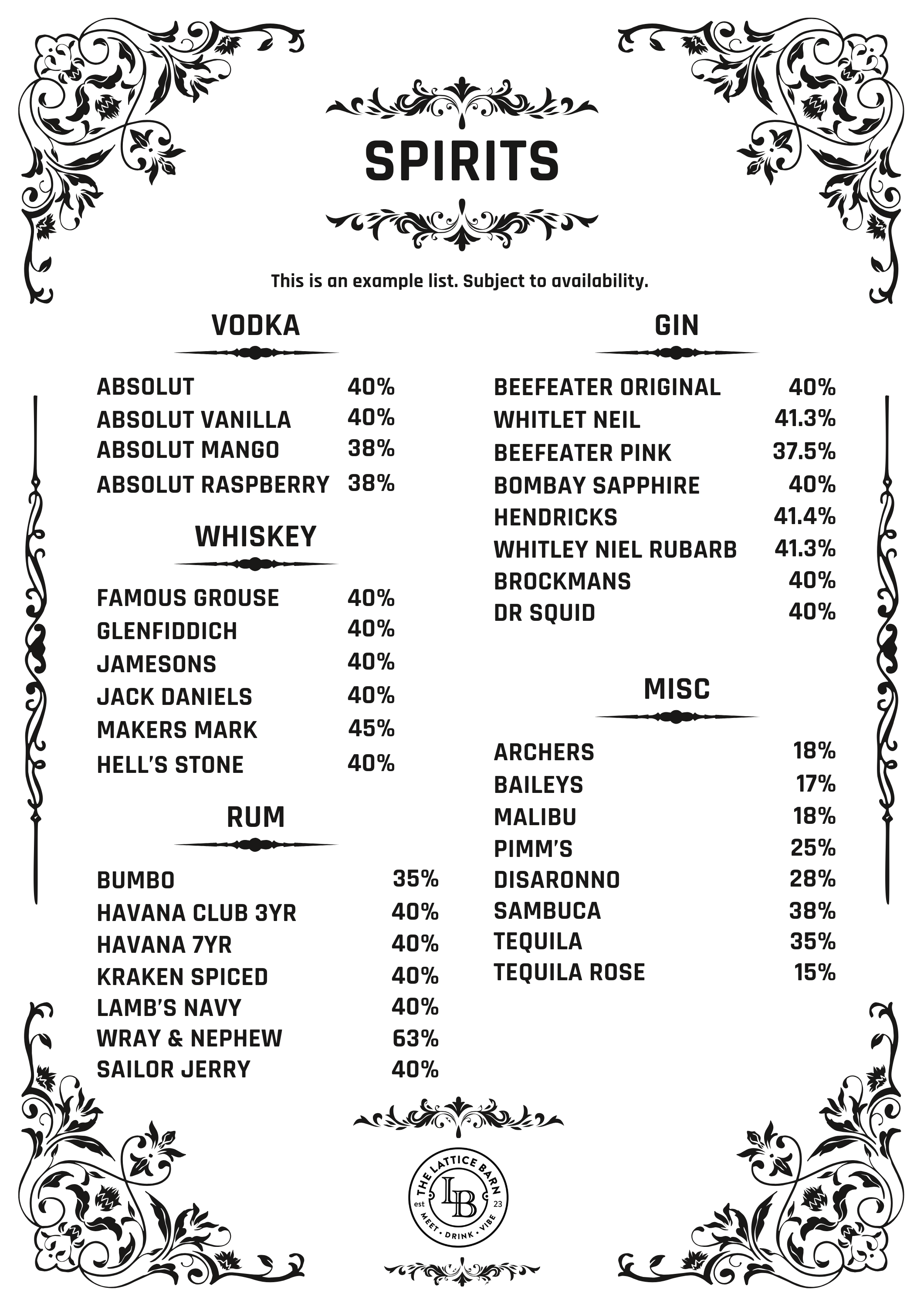A black and white vintage-style list of alcoholic spirits divided into categories: Vodka, Whiskey, Rum, Gin, and Miscellaneous. Each category lists various brands with their alcohol percentages.