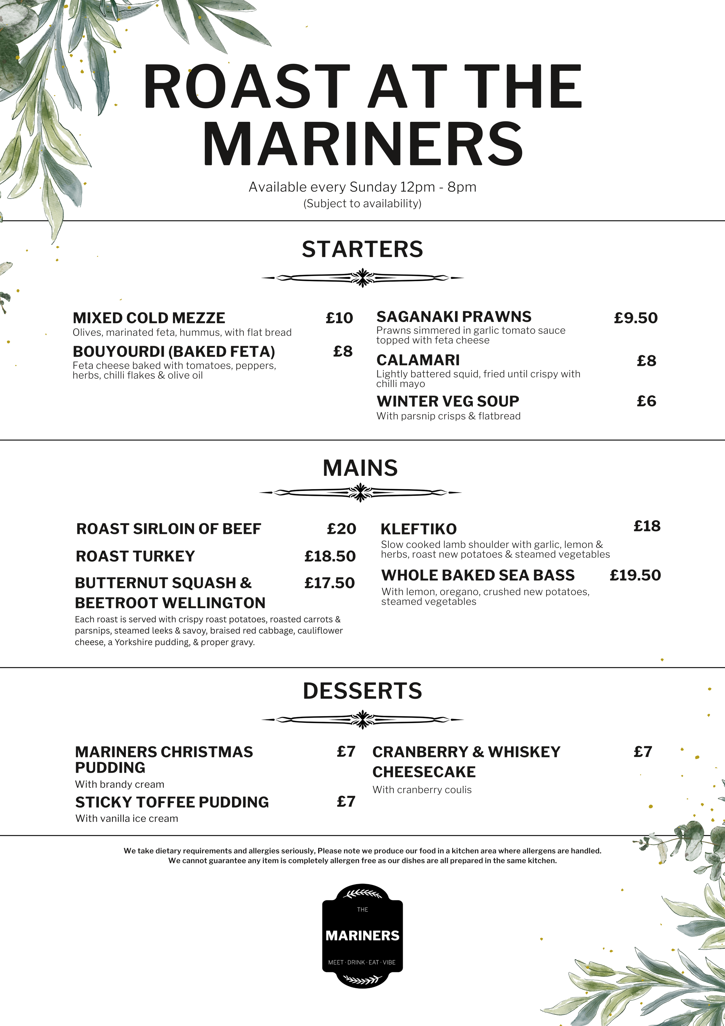 Menu for Roast at the Mariners, available every Sunday from 12 pm to 8 pm, featuring starters like mixed cold mezze, Boubourdi baked feta, Saganaki prawns, calami, winter veg soup; mains including roast sirloin of beef, roast turkey, butternut squash