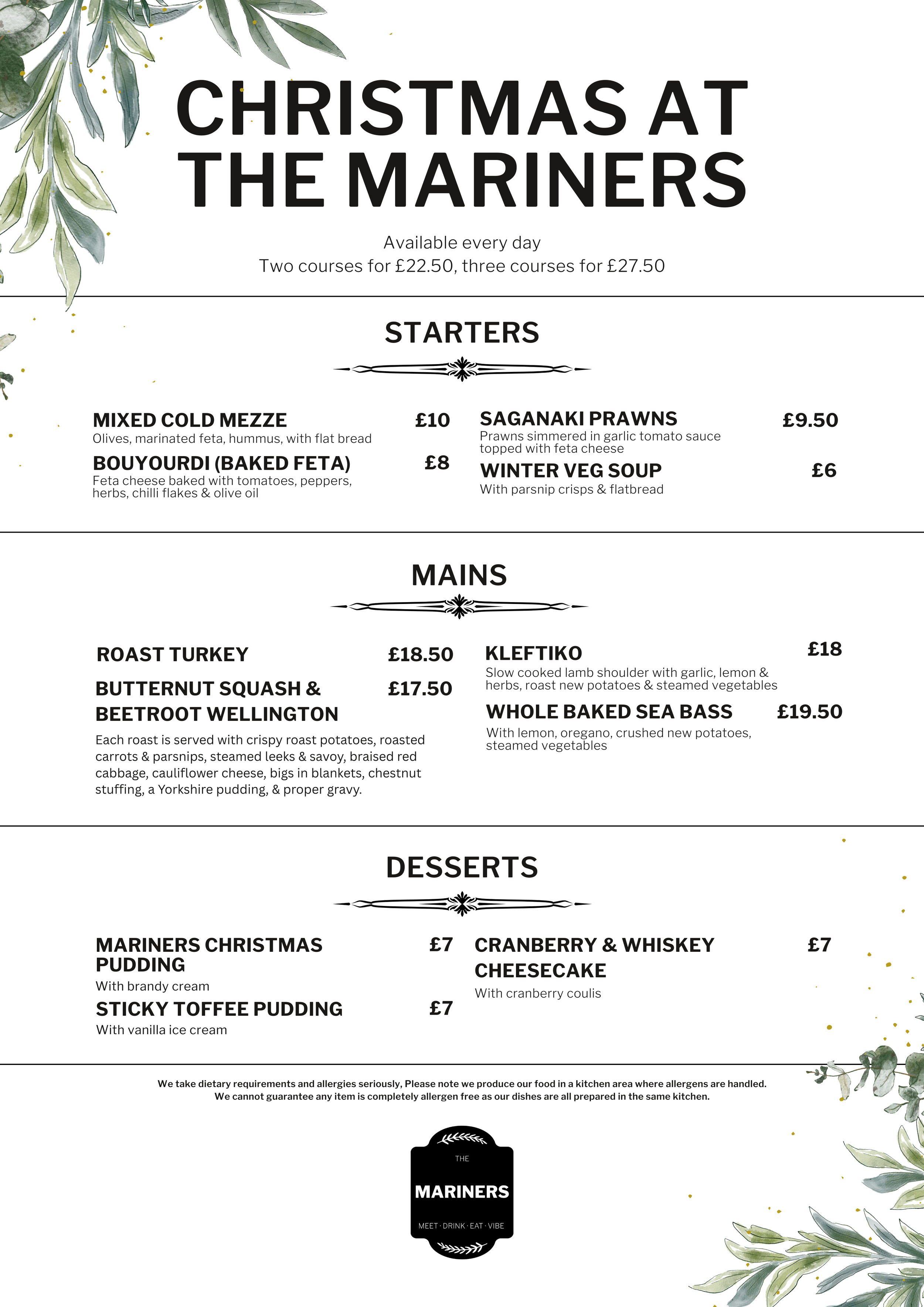 Christmas menu from The Mariners restaurant featuring starters, mains, and desserts, with holiday-themed design elements and decorative foliage.
