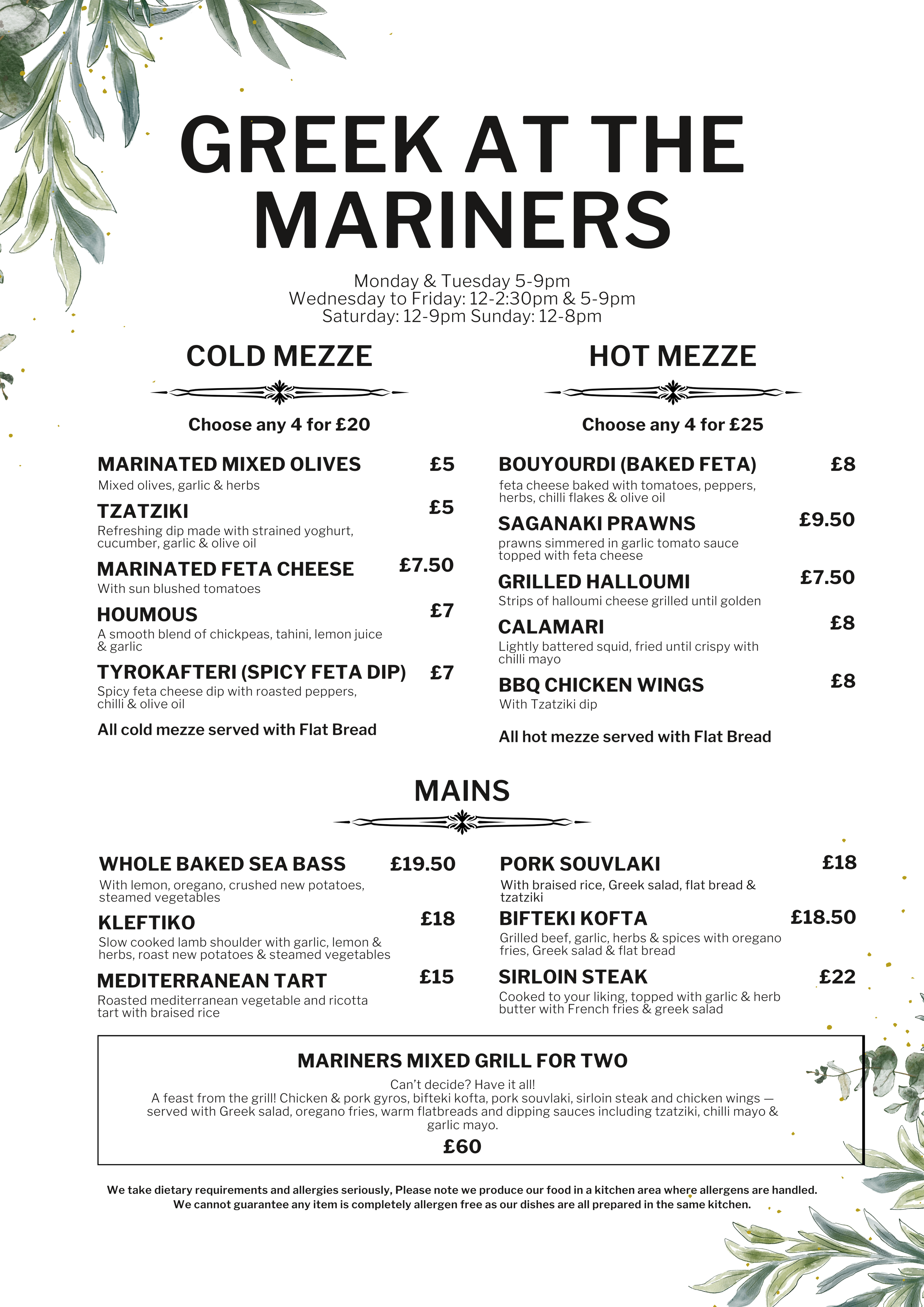 Menu for Greek at the Mariners restaurant featuring cold mezze, hot mezze, and main courses, with pricing and descriptions, decorated with green leaves in the corners.