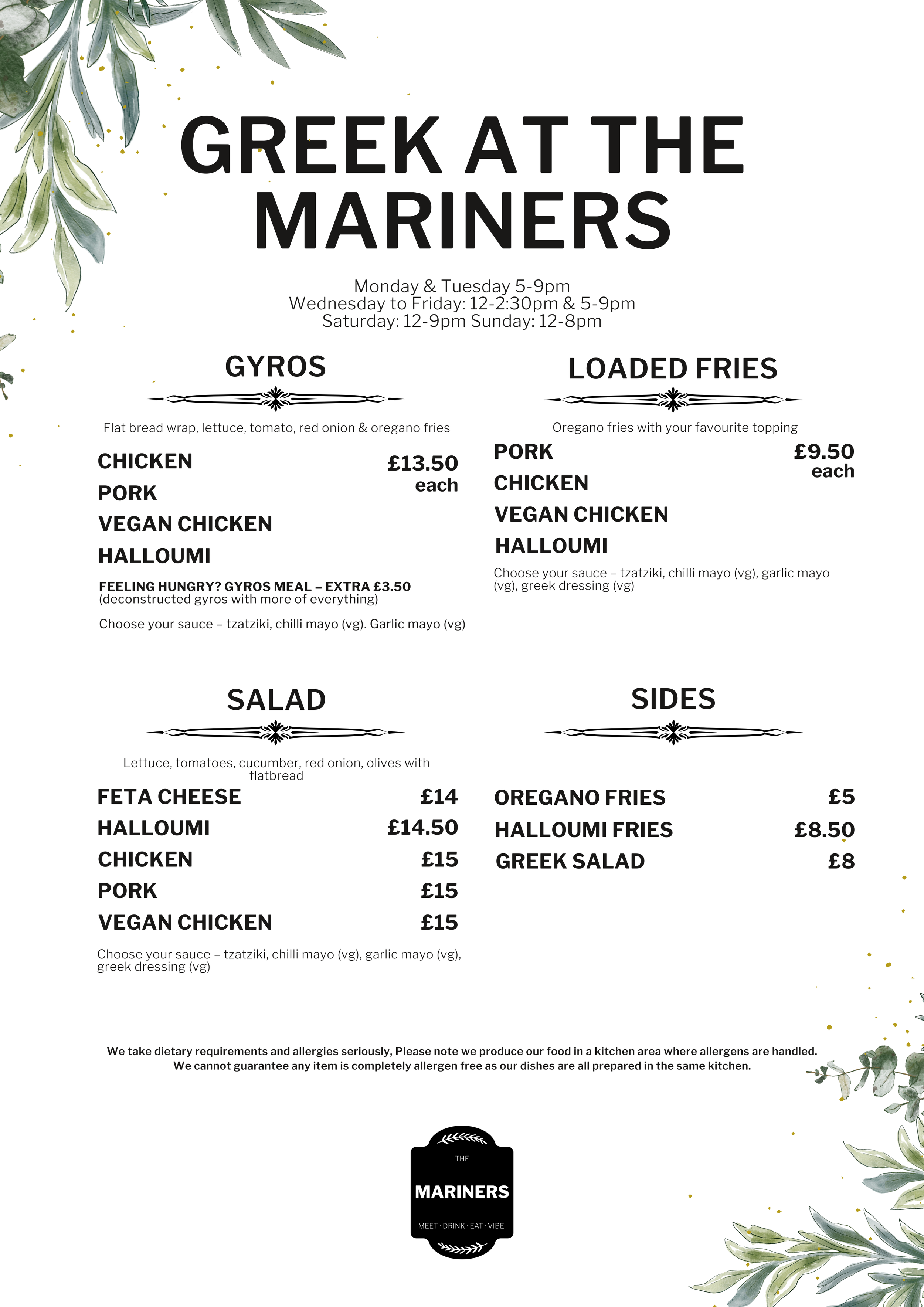 Menu for Greek at the Mariners restaurant featuring gyros, loaded fries, salads, and sides with prices and descriptions.