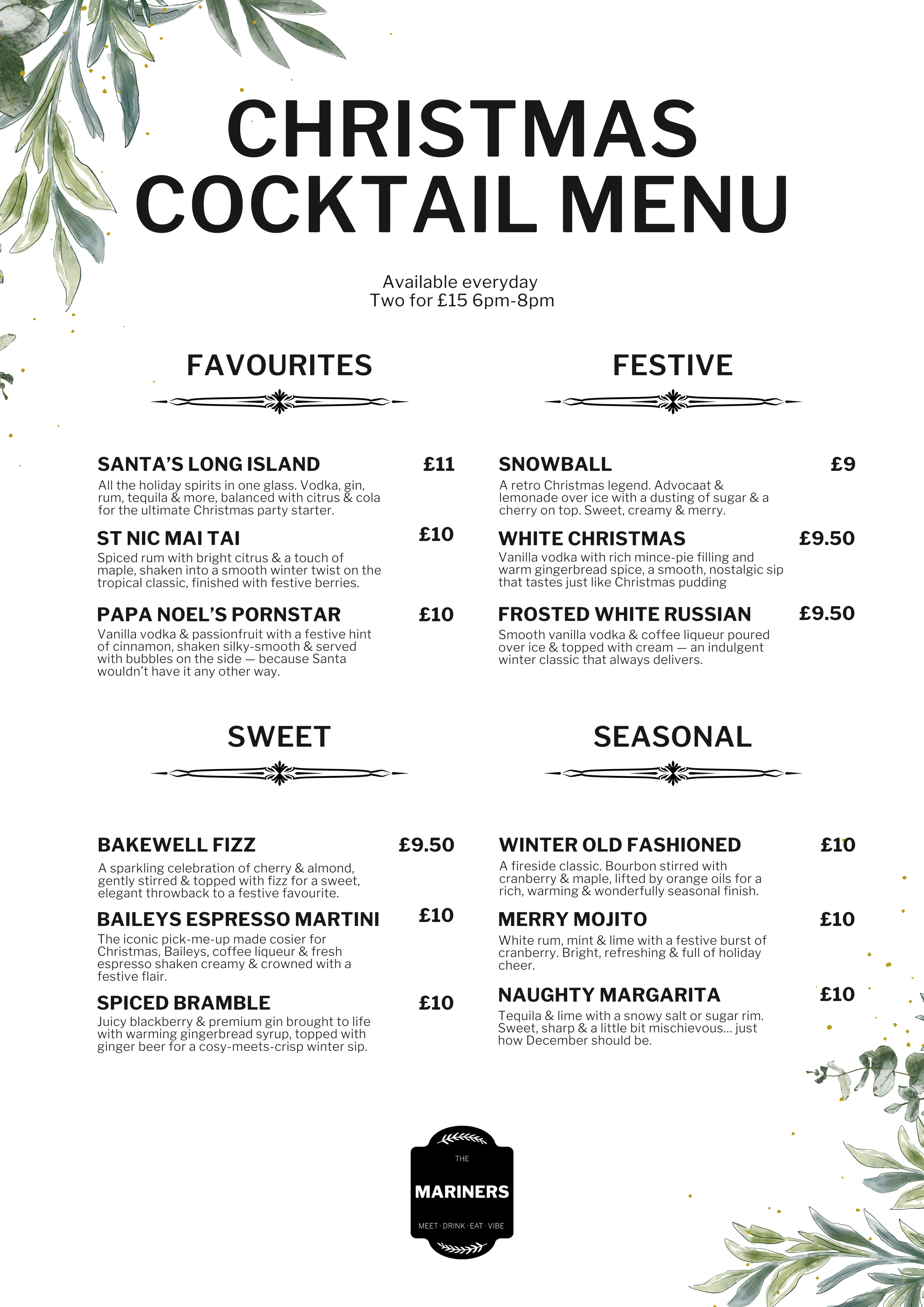 Holiday-themed cocktail menu with sections for favorites, festive, sweet, and seasonal drinks, decorated with green foliage and gold accents.