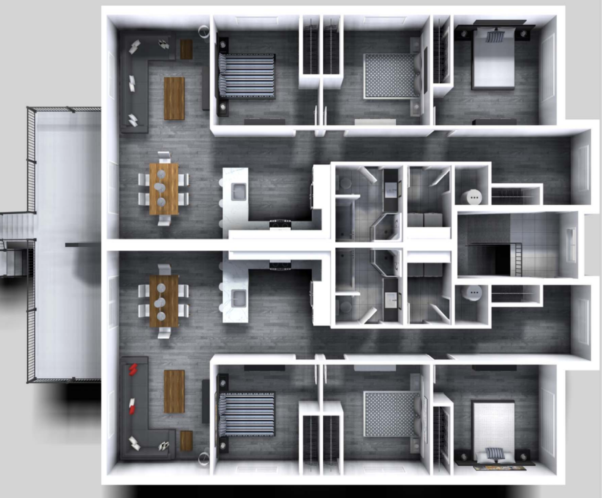 Plan d'un immeuble résidentiel avec plusieurs appartements, comprenant des salons, des salles à manger, des cuisines, des chambres à coucher, et une escale centrale.