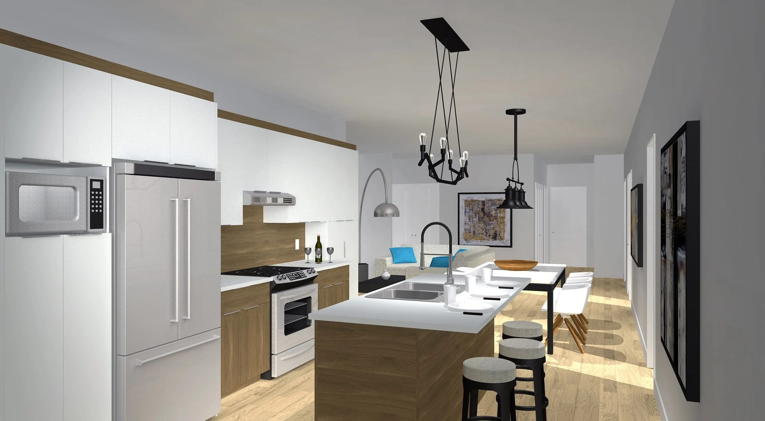 Cuisine moderne avec îlot central en bois et comptoir en blanc, électroménagers en acier inoxydable, mobilier blanc et noir, sol en bois clair, éclairage suspendu noir, salon au fond avec canapé beige et coussins bleus, tableaux encadrés verticaux su