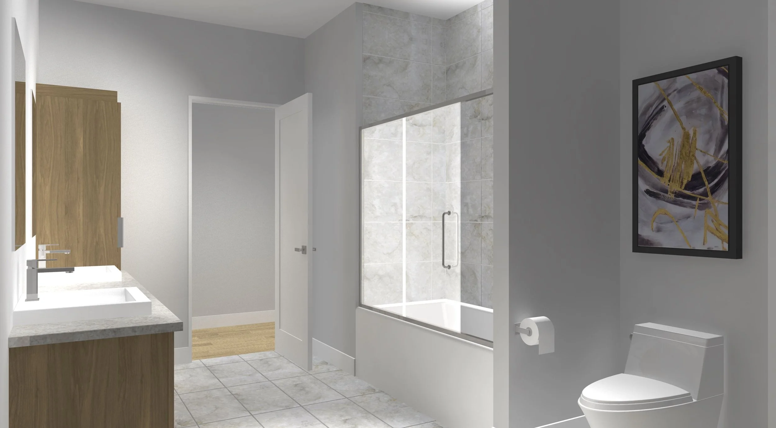 Une salle de bain moderne avec un meuble en bois avec une vasque blanche, un miroir, un lavabo, une porte menant à une pièce adjacente, une baignoire avec une paroi en verre, un papier toilette, un tableau abstrait au mur et un sol carrelé.