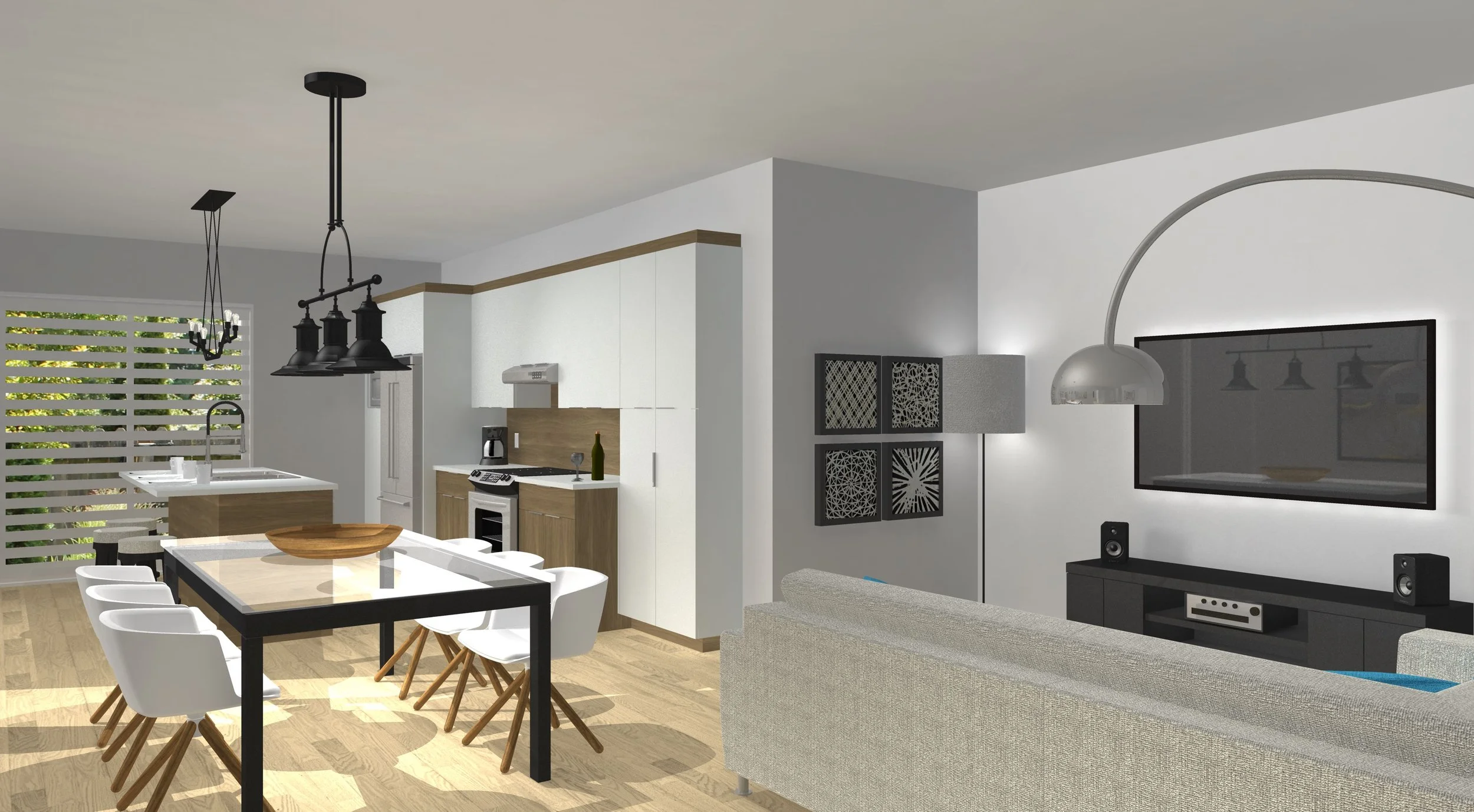 Intérieur moderne composé d'une cuisine avec une table à manger, un salon avec une télévision au mur, un canapé gris, un lampadaire, et des murs blancs avec des décorations