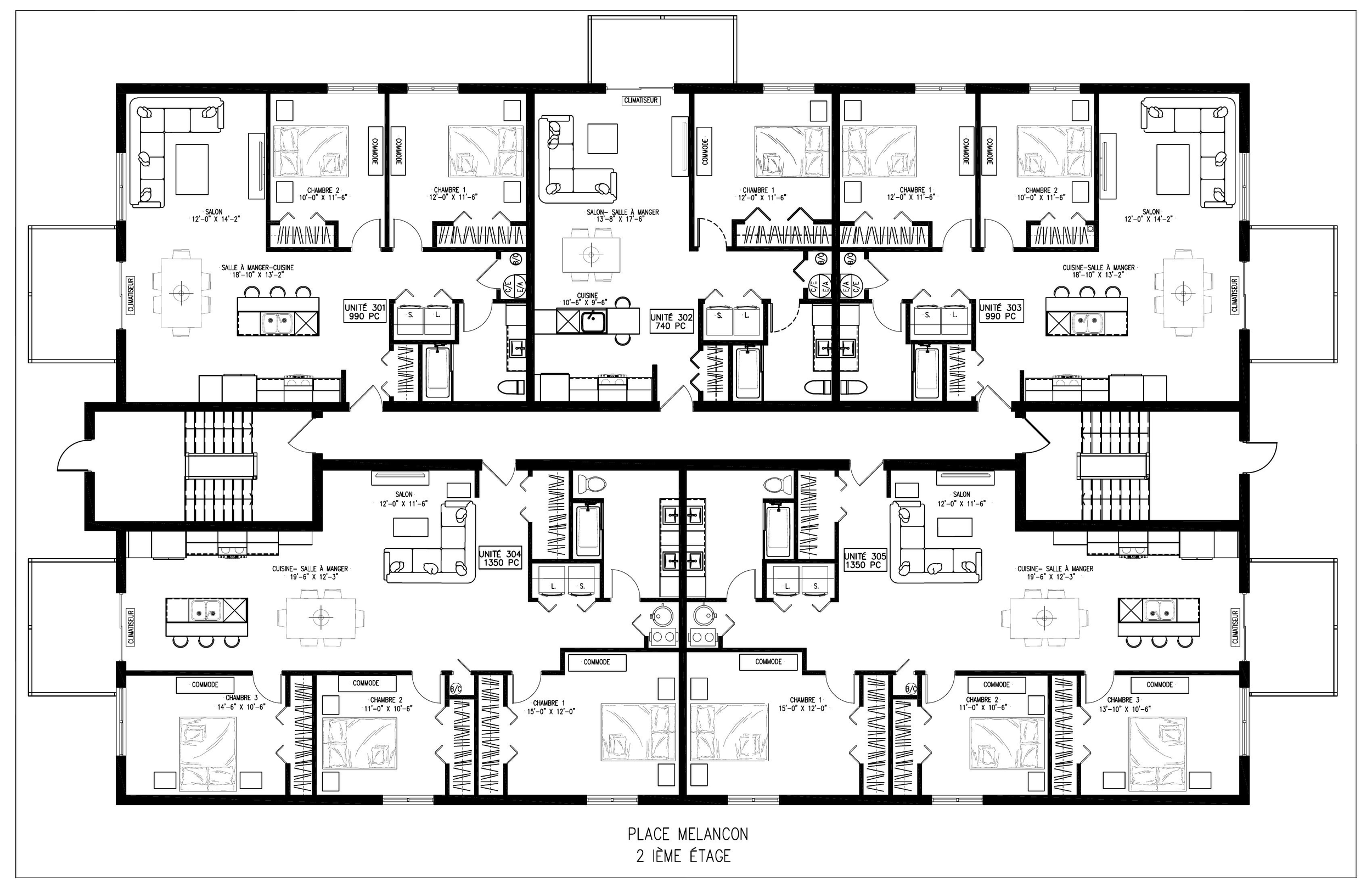 Plancher d'un bâtiment résidentiel avec plusieurs appartements, chaque unité comprenant chambres, salon, cuisine, salle à manger, et salles de bain, avec couloirs et escaliers.
