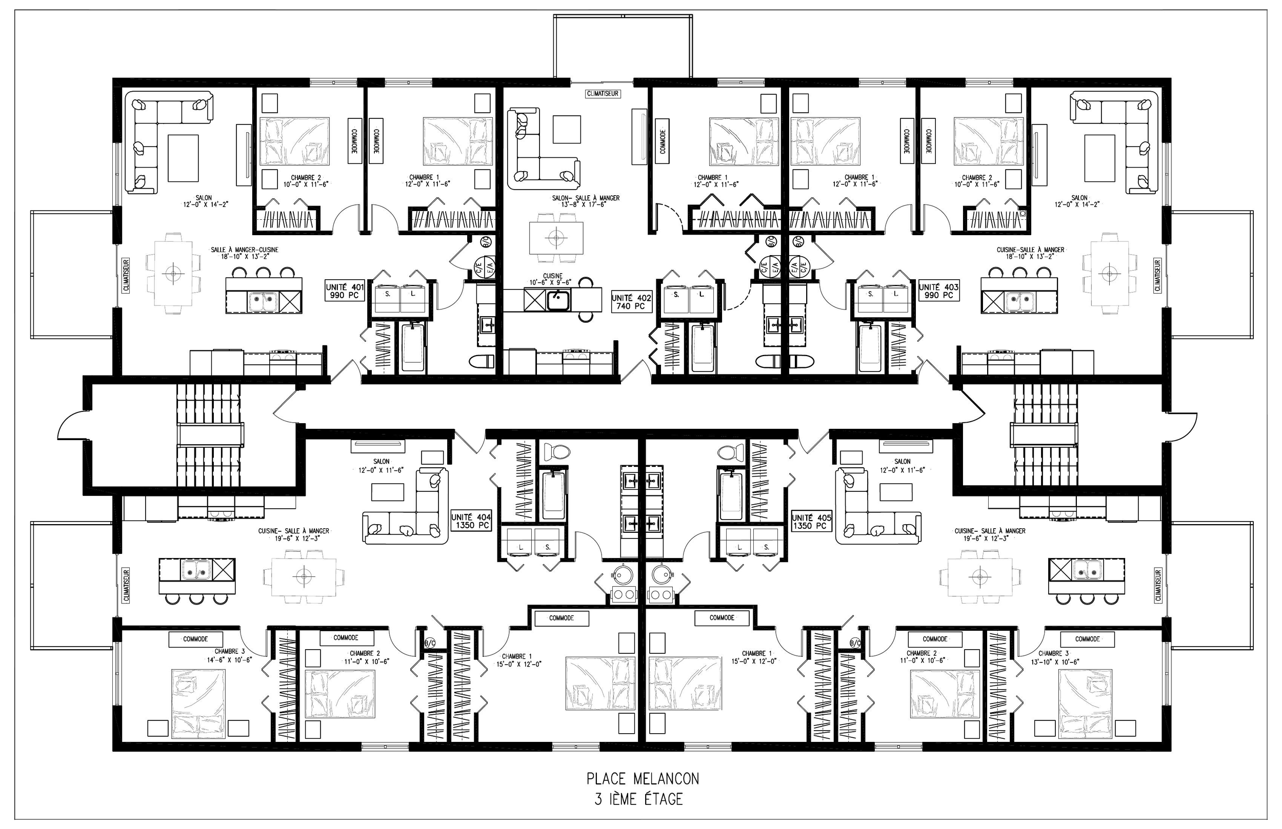 Plan architectural d'un immeuble résidentiel avec plusieurs appartements sur trois étages, salles de séjour, cuisines, chambres et salles de bains.