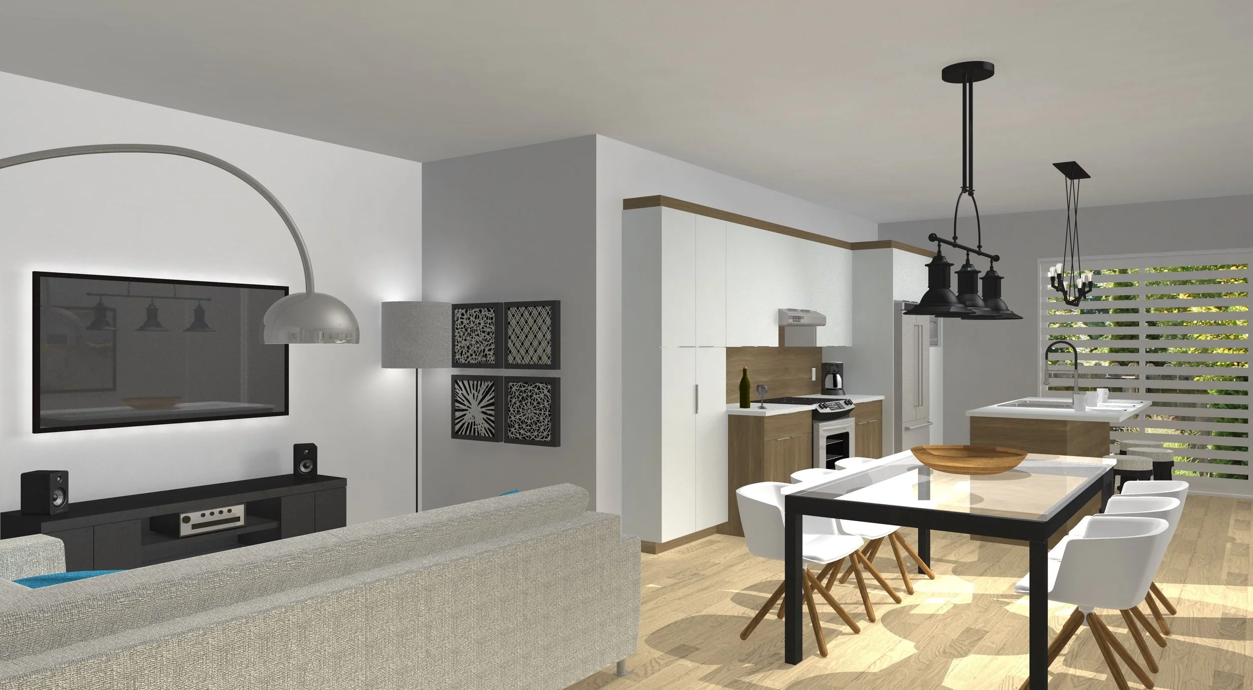 Cuisine et salle à manger modernes avec plan de travail en bois, table avec six chaises blanches, coin salon avec télévision et fauteuils, fenêtres avec vue sur l'extérieur, éclairage suspendu noir et grande lampe