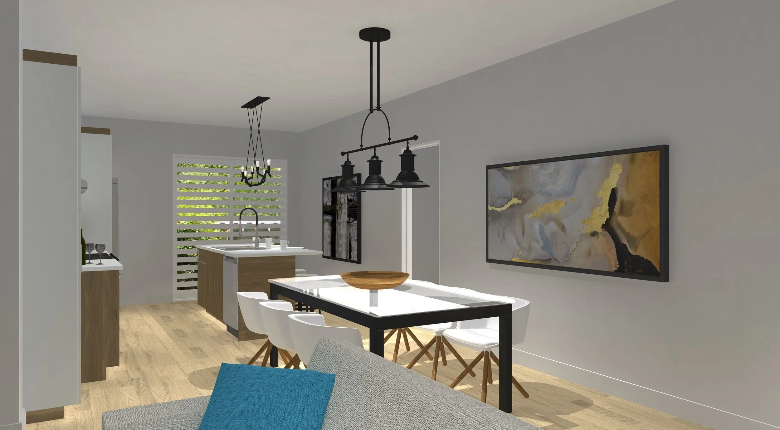 Intérieur moderne d'une salle à manger avec une table blanche, six chaises blanches et un buffet en bois. Mur gris avec une grande peinture abstraite en gris, or et noir. Pendant noir suspendu au plafond.