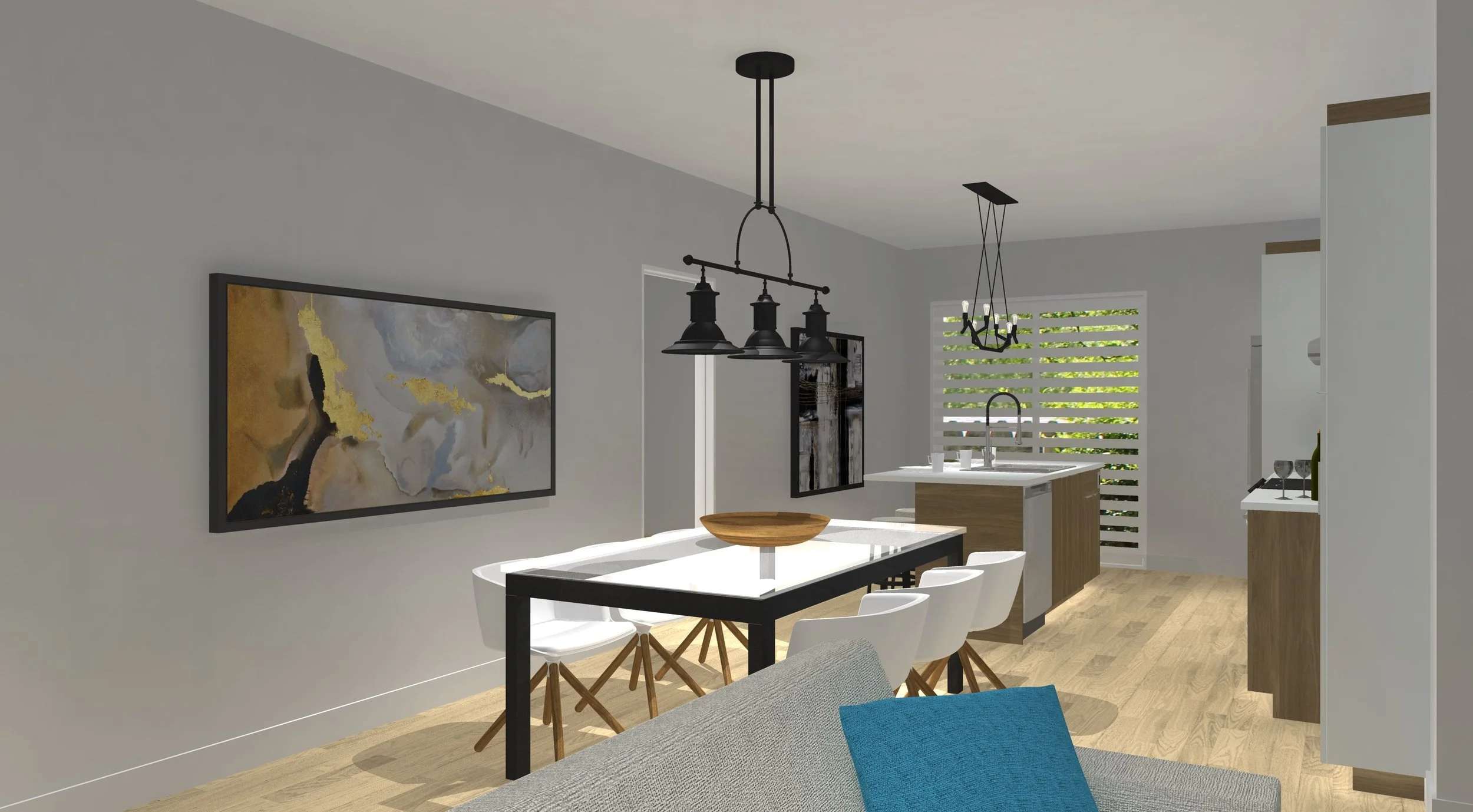 Intérieur moderne d'une maison avec salle à manger et cuisine. Mur gris clair, tableau abstrait sur le mur, table blanche avec six chaises blanches, éclairage suspendu noir, fenêtre avec volets en bois, sol en bois clair, décor simple et contemporain