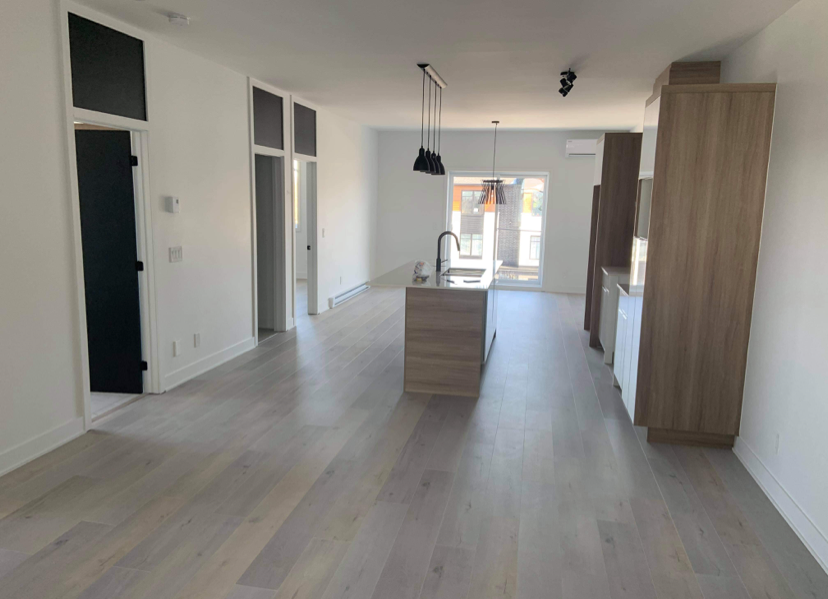 Cuisine moderne avec plan de travail en îlot, armoires en bois clair, lumière naturelle, murs blancs, sol en bois clair.