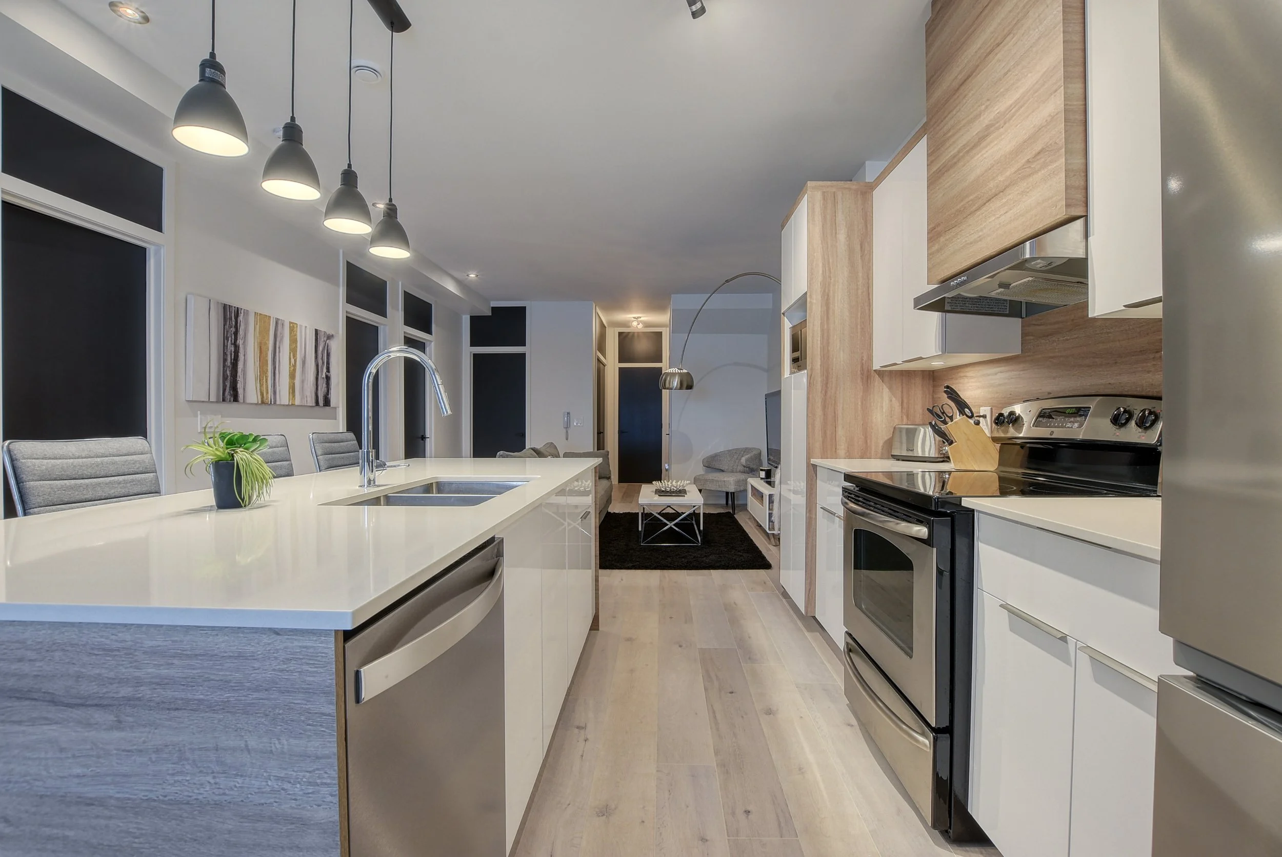 Cuisine moderne avec îlot central, éclairage suspendu, murs blancs, armoires en bois clair, appareils en acier inoxydable, salon avec tapis noir, fauteuils gris et table basse, décoration minimaliste.