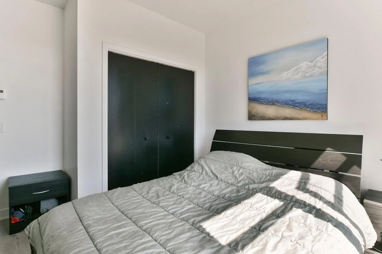 Chambre avec lit, tableau de paysage au mur, armoire encastrée noire et table de nuit