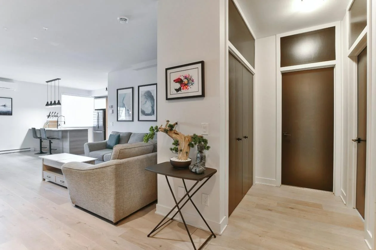 Salon avec canapé beige, table basse blanche, murs blancs avec trois tableaux, coin cuisine avec îlot, panneaux de rangement en bois foncé, porte en bois, décoration végétale sur une table supplémentaire.