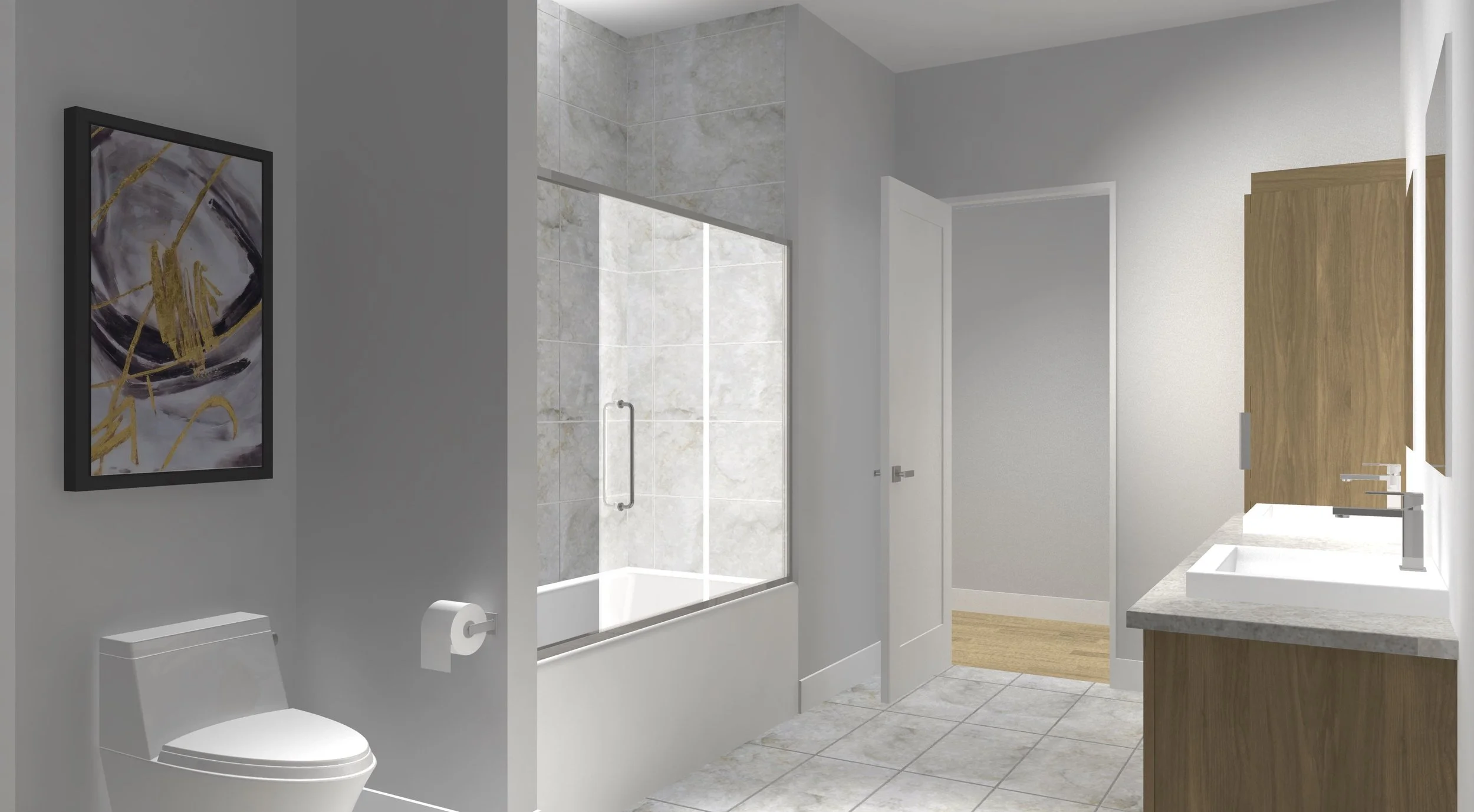 Salle de bain moderne avec un lavabo, un miroir, une baignoire avec porte en verre, un WC, et une décoration murale abstraite