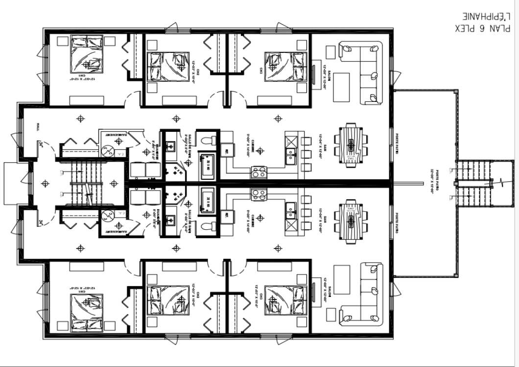 Plan architectural d'un duplex avec plusieurs chambres, salon, salle à manger, cuisine et salles de bains.