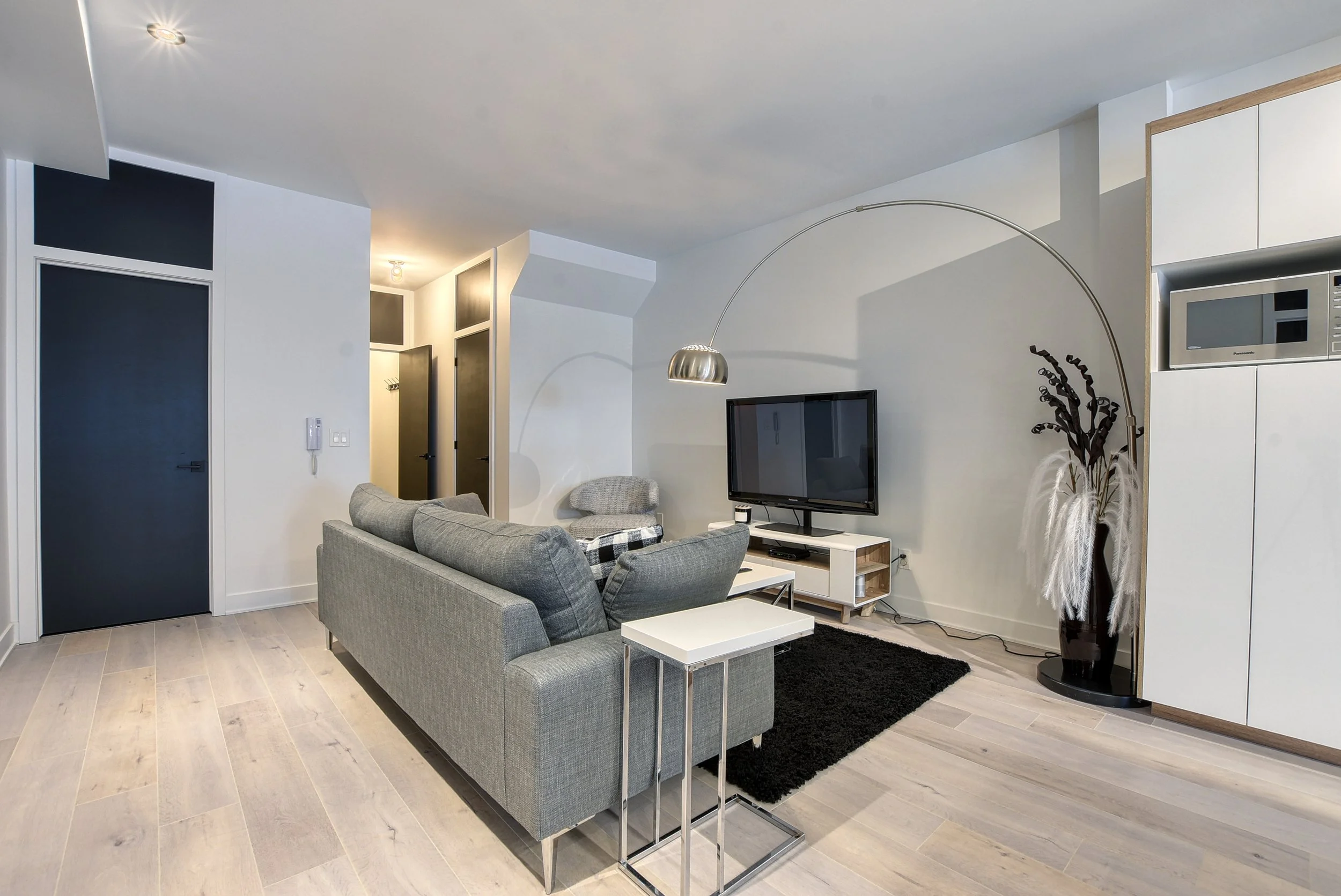 Salon moderne avec canapé gris, télévision à écran plat, lampe en arc métallique, tapis noir, et décoration de plantes et meubles blancs.