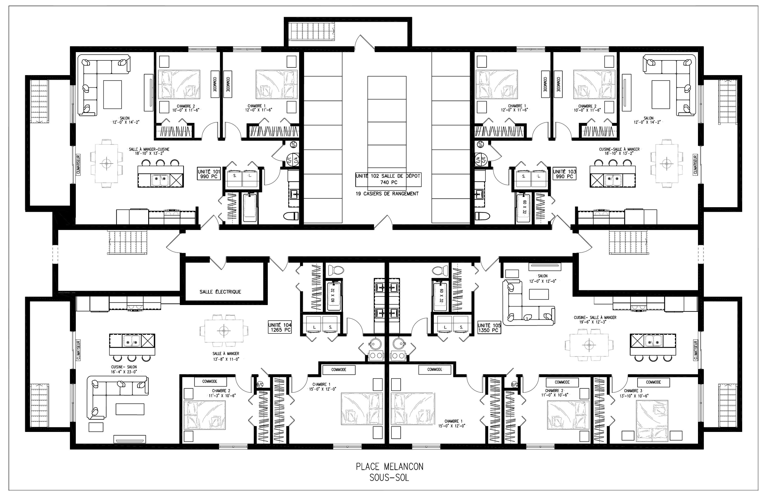 Plan architectural d'un sous-sol résidentiel avec plusieurs unités, comprenant des salons, cuisines, chambres, salles de bain, espaces de rangement, et une salle électrique.