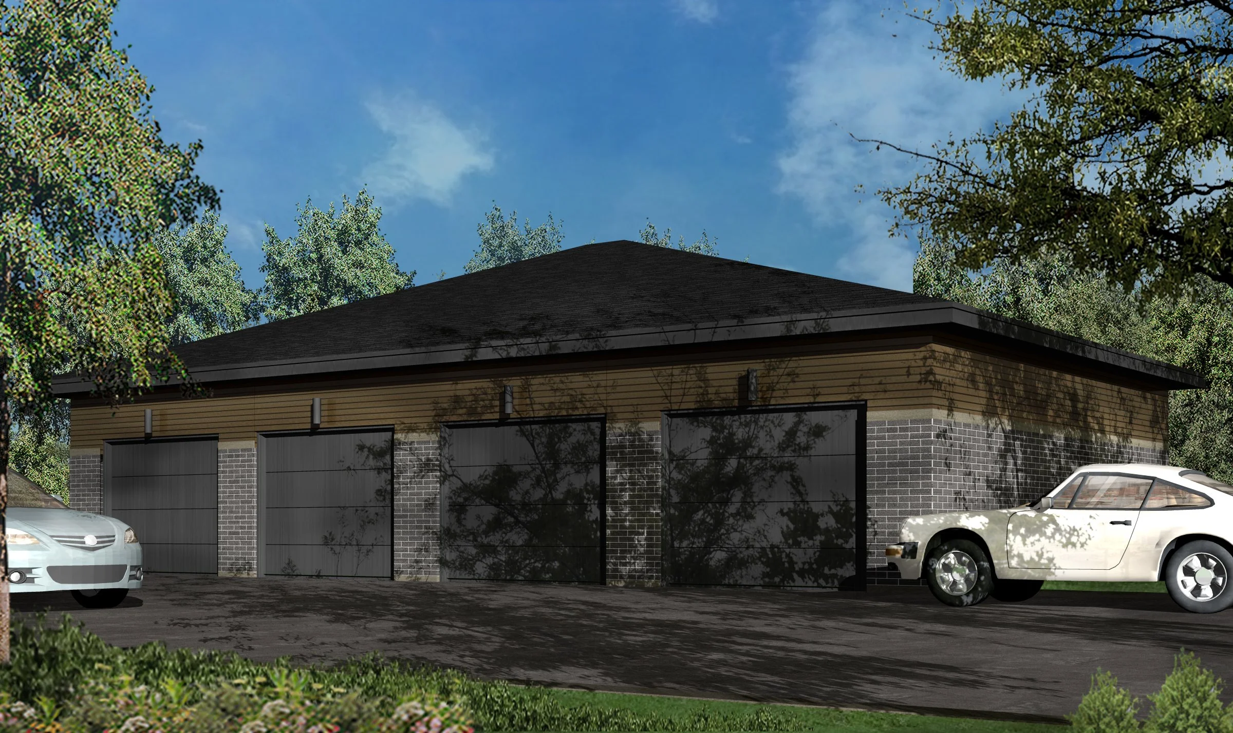 Garage en béton avec deux portes en métal gris et une porte de garage supplémentaire, entouré d'arbres, avec deux voitures stationnées devant, sous un ciel bleu avec quelques nuages.