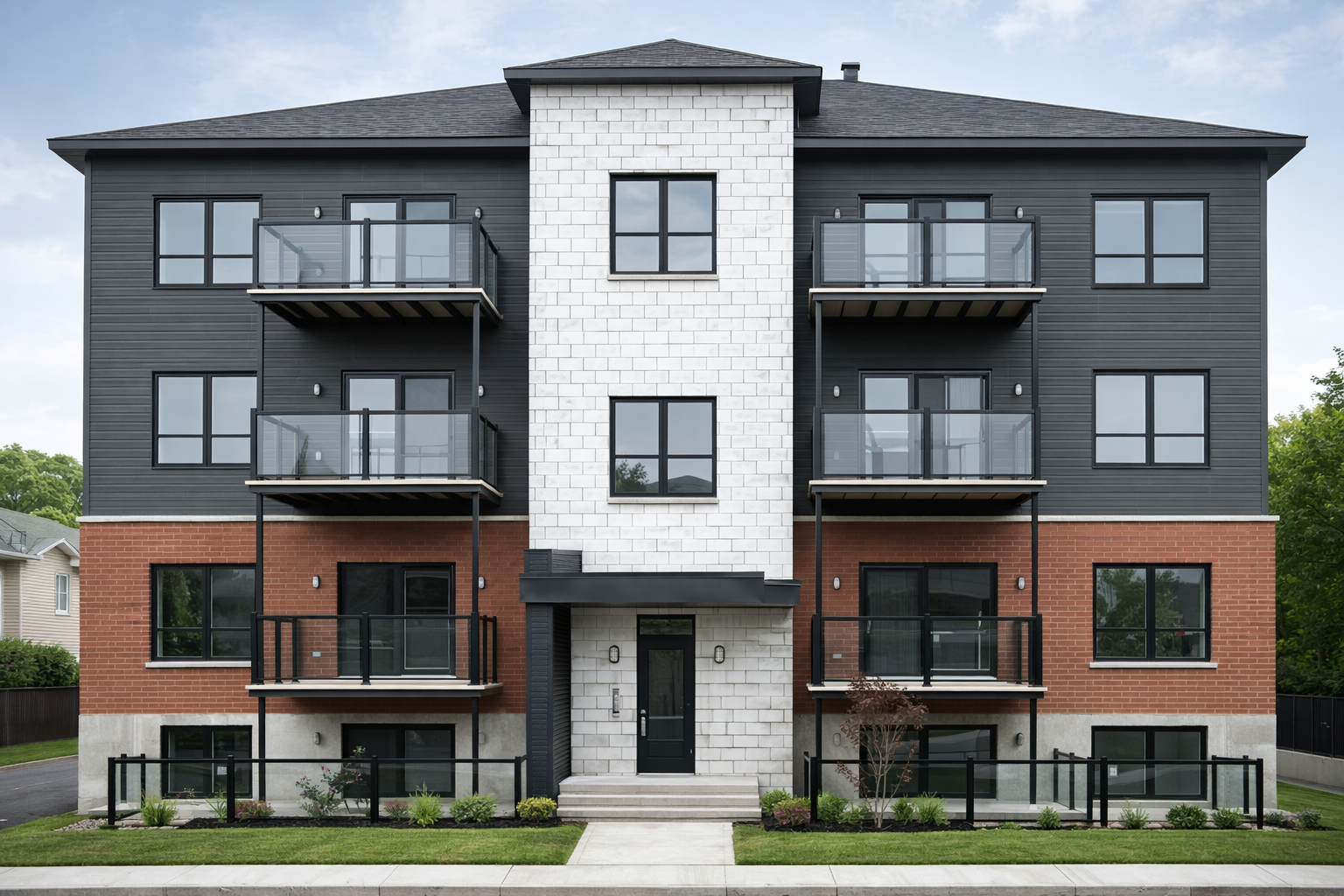 Immeuble résidentiel moderne à quatre étages avec balcons en verre, façades en brique rouge, cellier blanc, porte d'entrée noire, pelouse verte et paysage urbain