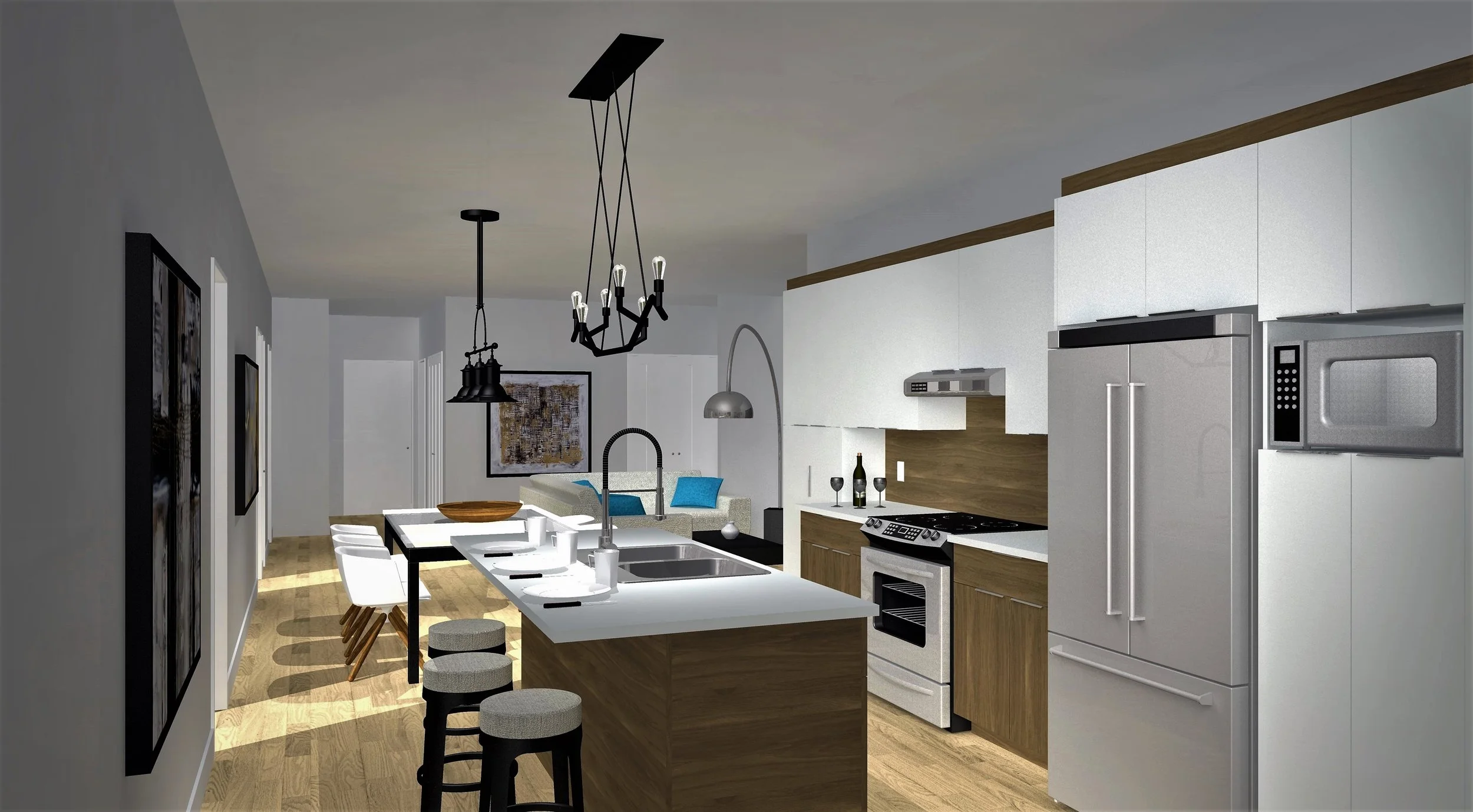 Cuisine moderne avec îlot central en bois, appareils électroménagers en inox, éclairage suspendu, et espace salle à manger à l'arrière.