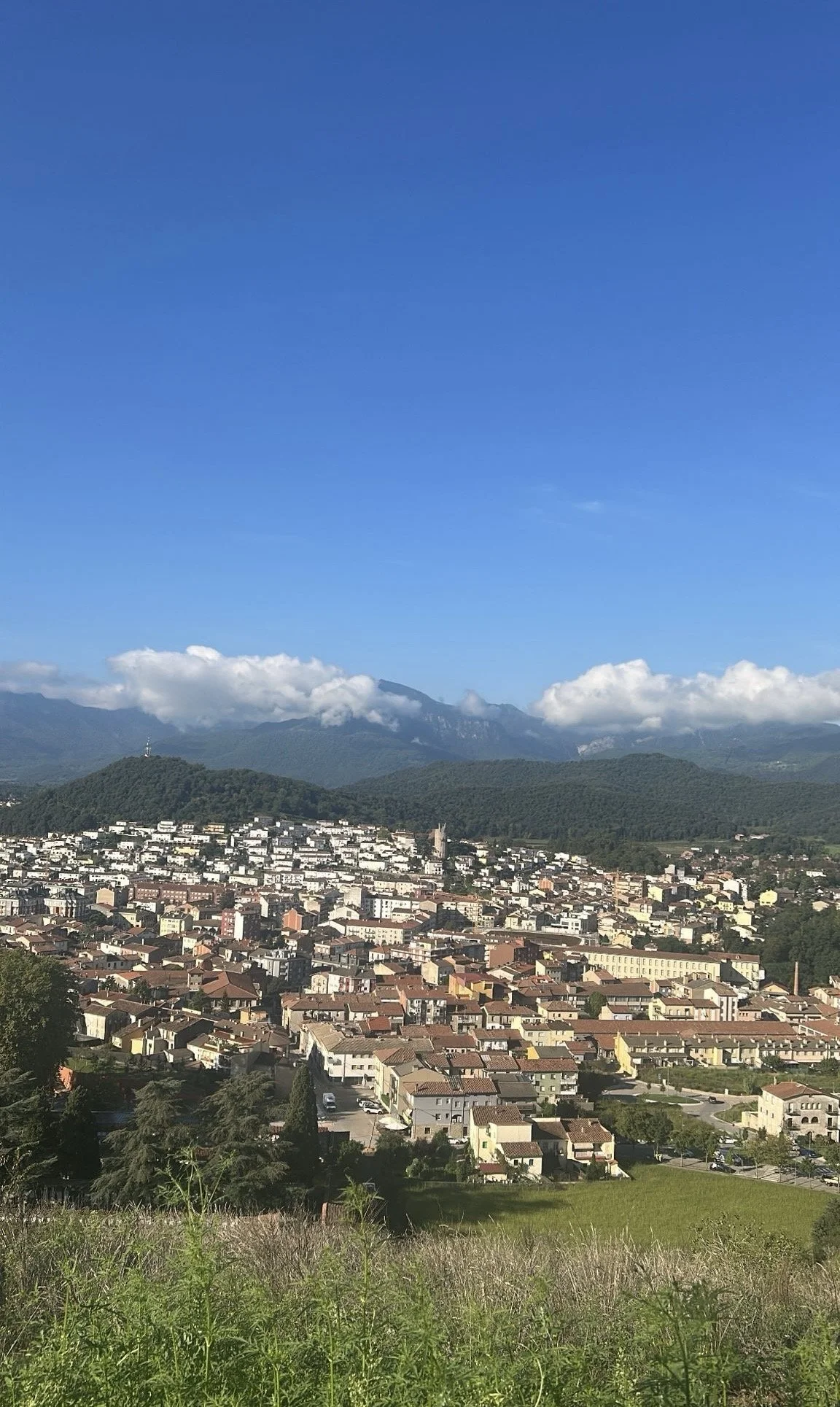 A cityscape of Olot, Spain. Numerous buildings and houses in a valley surrounded by green hills and mountains under a blue sky with some clouds.