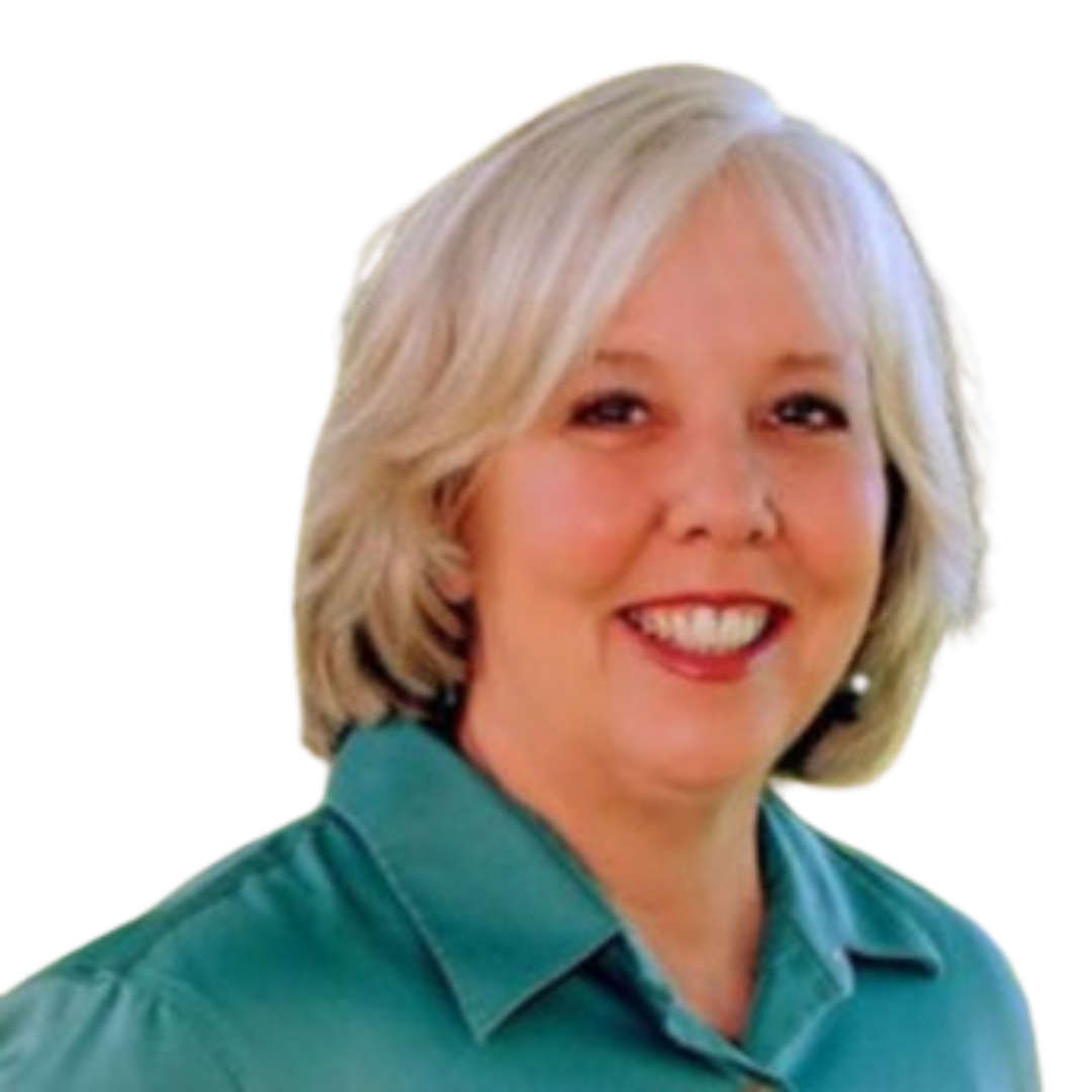 A smiling middle-aged woman with shoulder-length blonde hair wearing a teal button-up shirt.