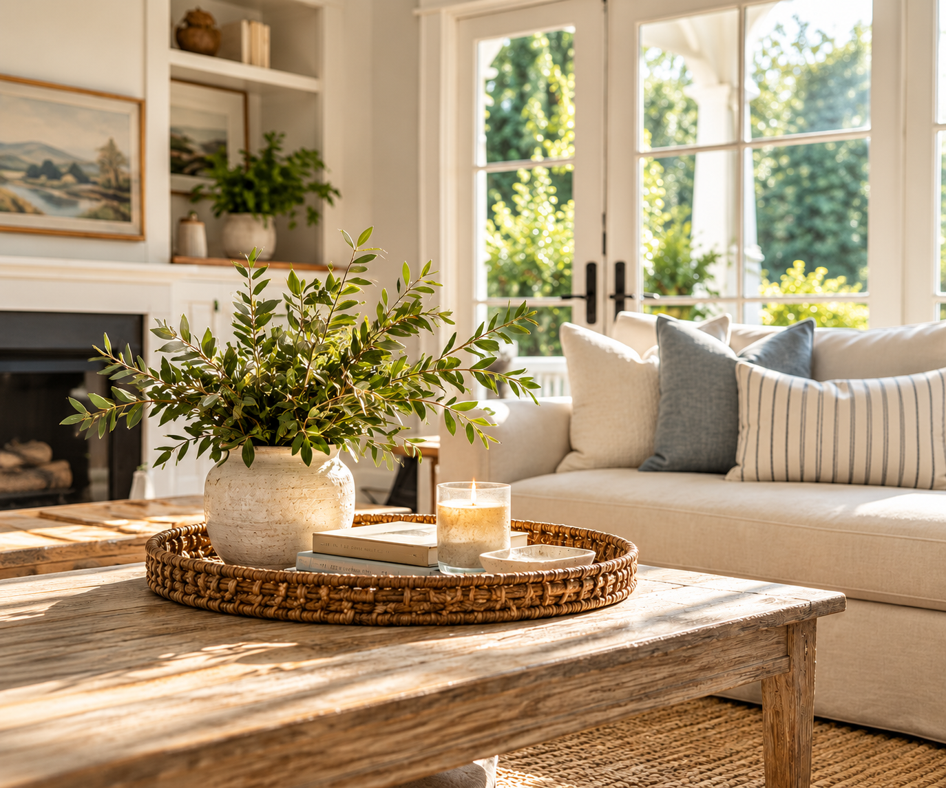 Cozy living room with a beige sofa, decorative pillows, a rustic wooden coffee table with a plant, candle, and books, large windows with outside greenery, and sunlit ambiance.